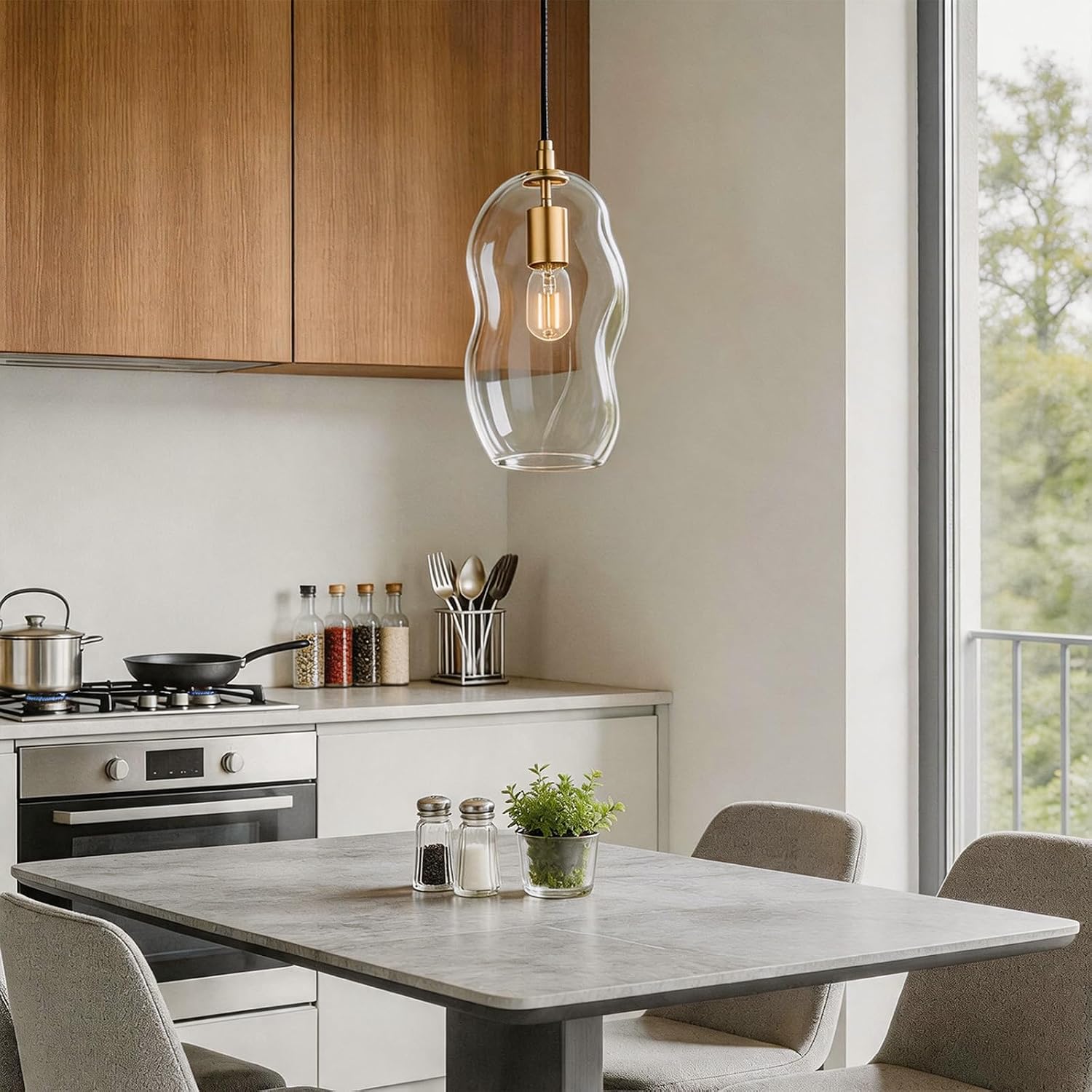 Pendant Light Fixtures 12.5'' Height Adjustable Modern Kitchen Island Lighting Glass Organic Ceiling Hanging Light Fixtures for Bar, Counter, Patio, over Sink, Dining Room, Table - Transparent
