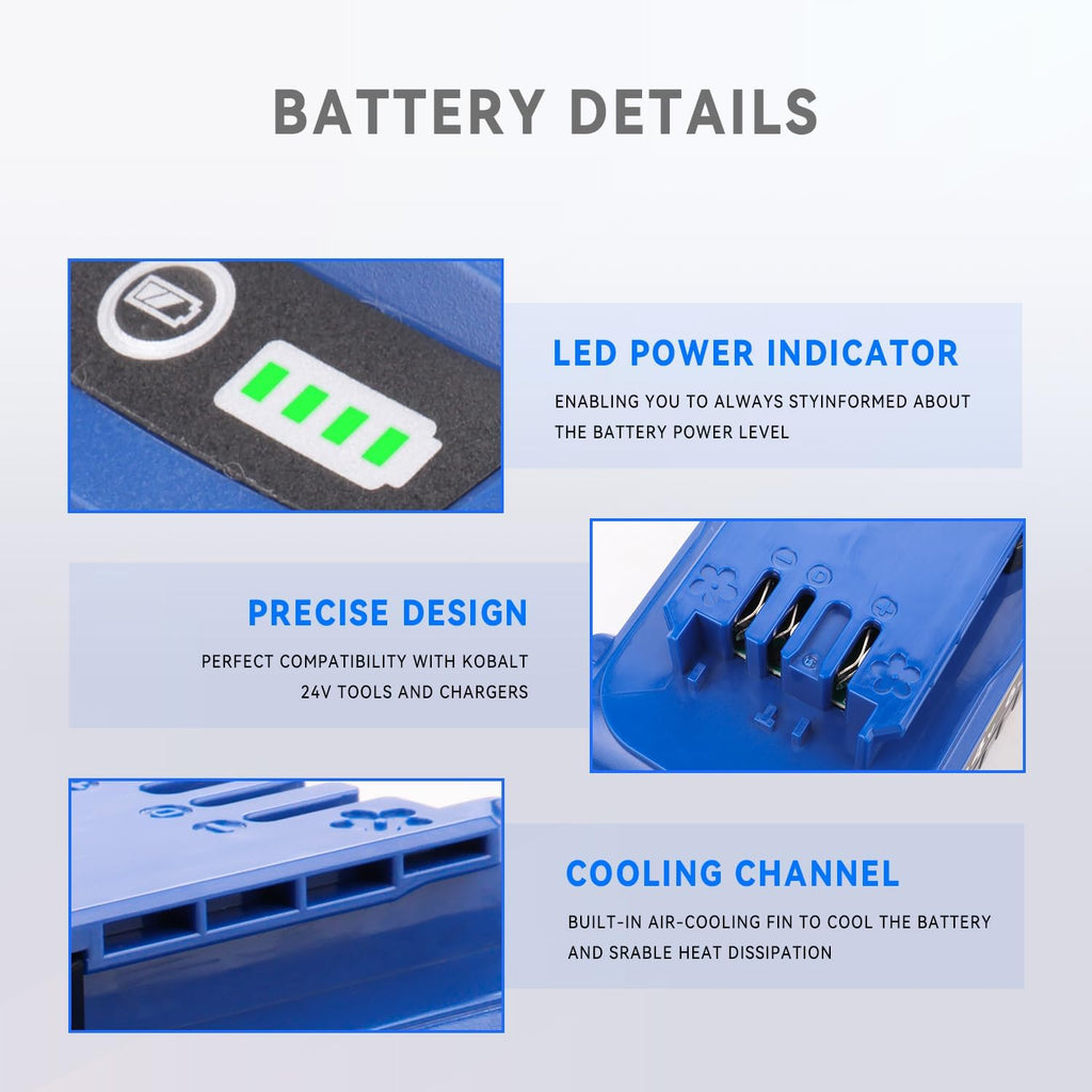 Upgraded 6.5Ah KB624-03H Battery Replacement for Kobalt 24V Battery KB624-03 KB524-03 KB424-03 KB224-03 KB124-03 0673802 1051230, Compatible with All Kobalt 24 Volt Max Cordless Power Tools - 2 Pack