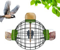 LONA Squirrel Proof Bird Feeding Cage for Outdoor All-Weather Metal Caged Bird Feeder with Peanut Butter Jar Holder, Trapeze Stick, Chew-Proof Feeding Cage for Small Birds (Round Cage, 3 Feeding Units