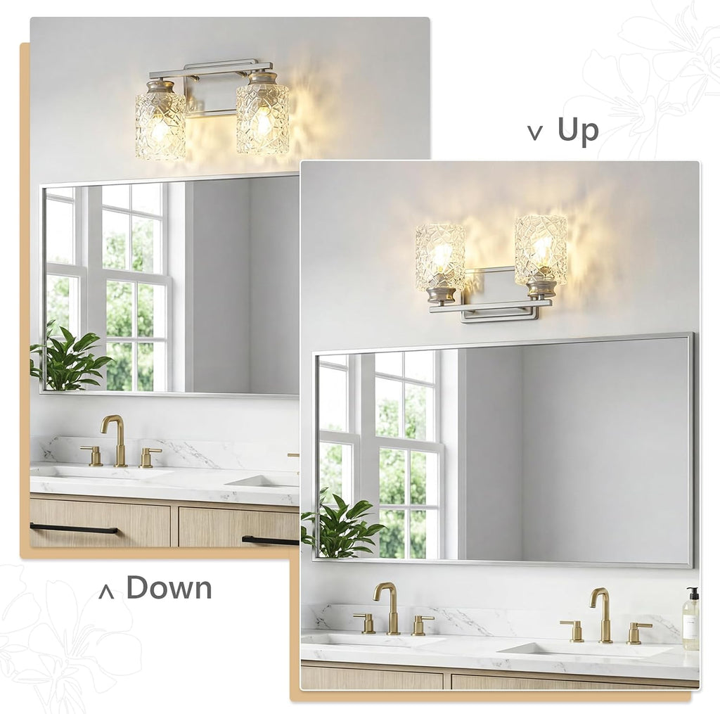 2-Light Brushed Nickel Bathroom Light Fixture | Geometric Crackled Glass Farmhouse Bathroom Lighting for Living Room Bedroom Sink Over Mirror
