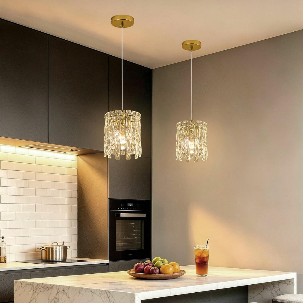 Gold Pendant Lights Kitchen Island 1 Pack Mini Crystal Chandeliers Modern Pendant Lights Ceiling Lighting Fixtures for Kitchen Island, Dining Room & Bedroom