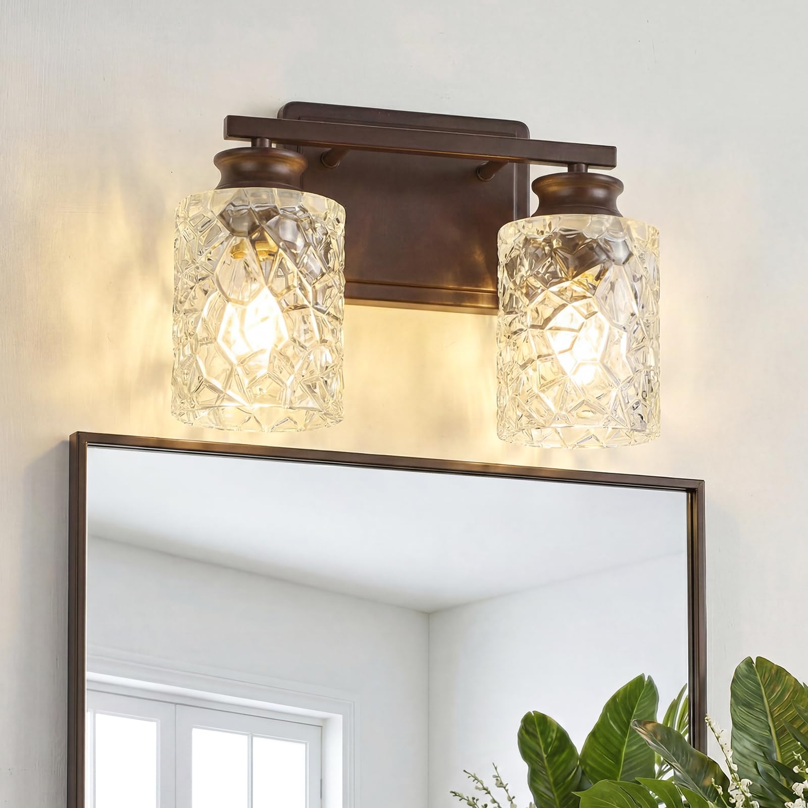 2-Light Brushed Nickel Bathroom Light Fixture | Geometric Crackled Glass Farmhouse Bathroom Lighting for Living Room Bedroom Sink Over Mirror