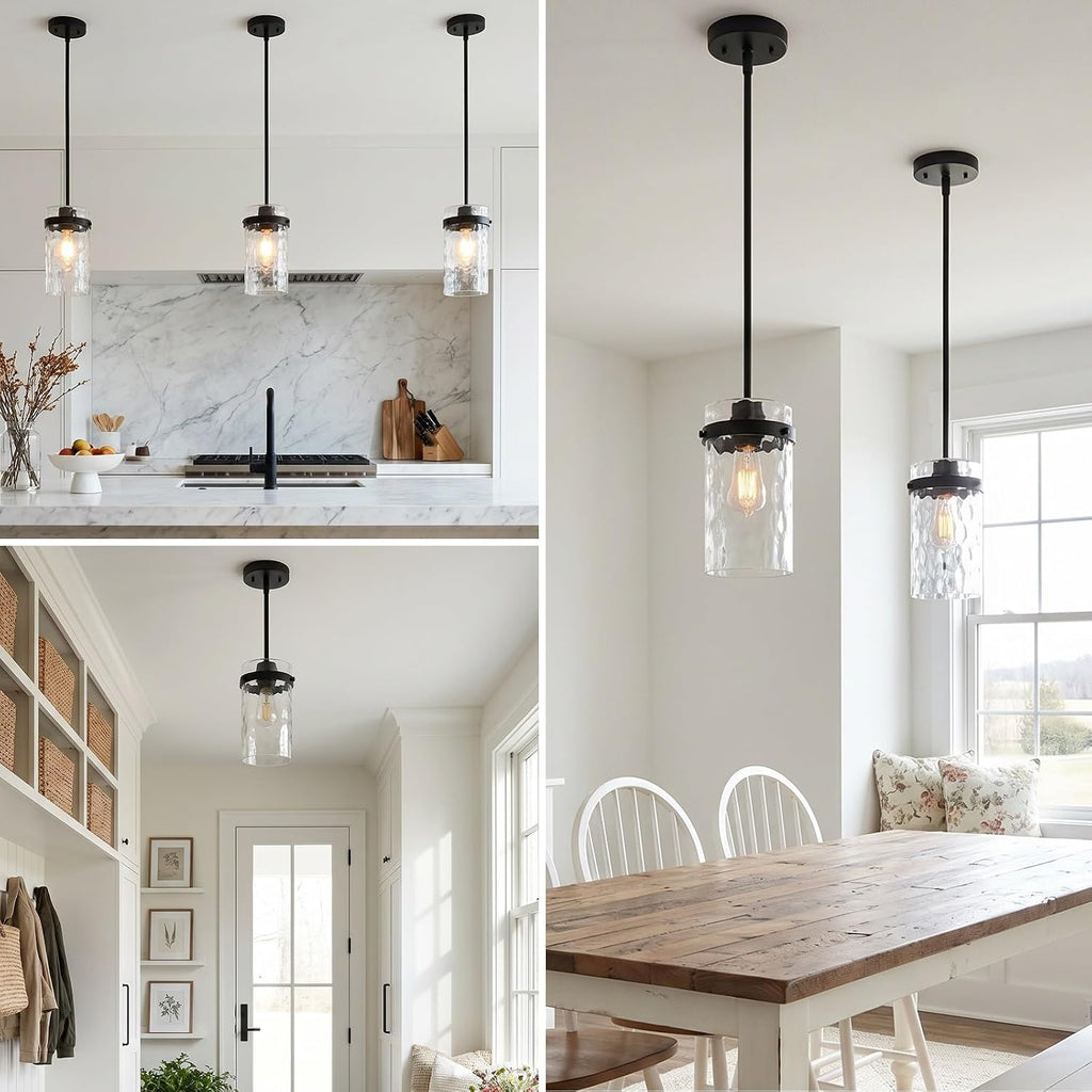 Refice Pendant Lights Kitchen Island, Black Hanging Lighting with Hammered Glass, Modern Mini Pendant Light Fixture for Dining Room Bedroom, 1 Pack