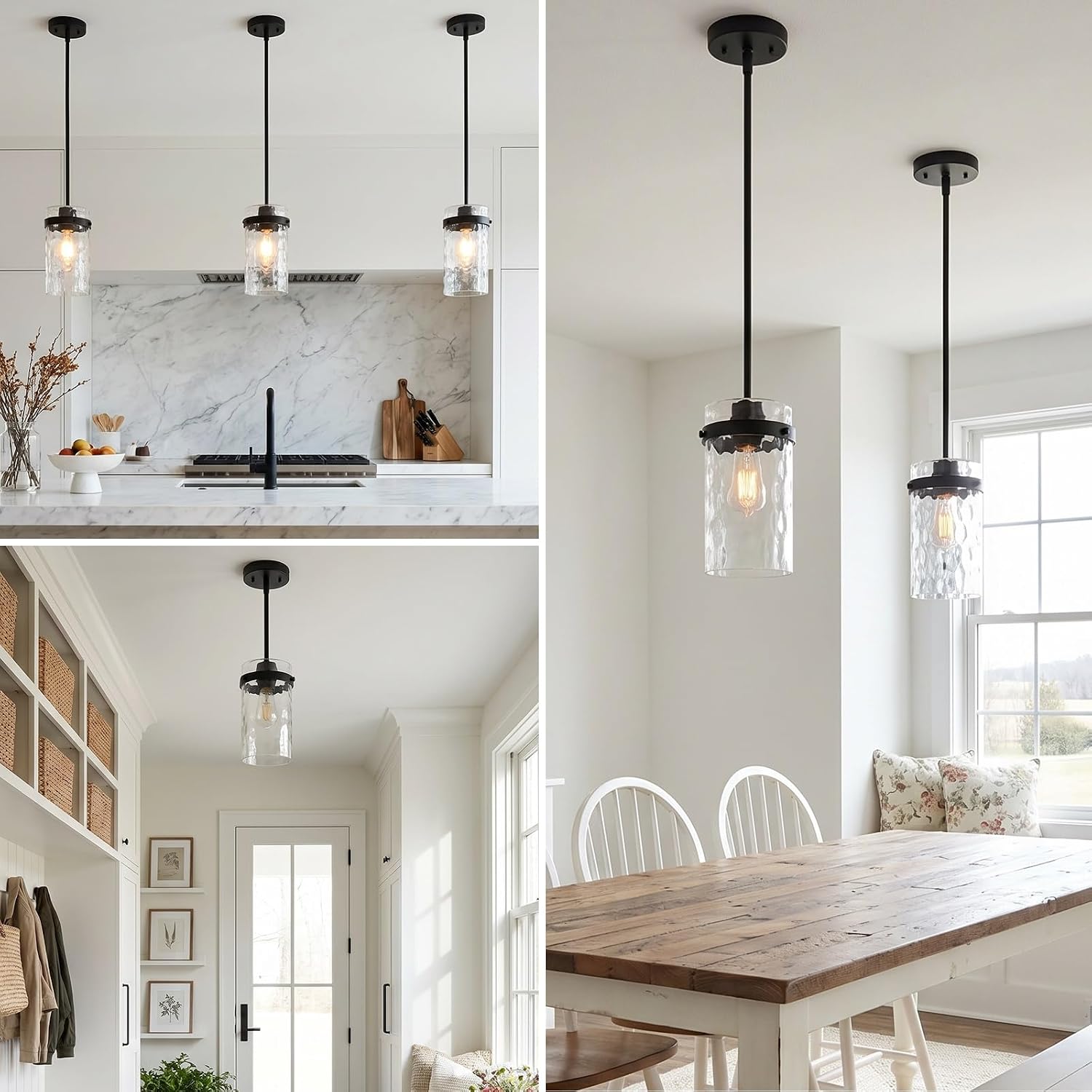 Refice Pendant Lights Kitchen Island, Black Hanging Lighting with Hammered Glass, Modern Mini Pendant Light Fixture for Dining Room Bedroom, 1 Pack