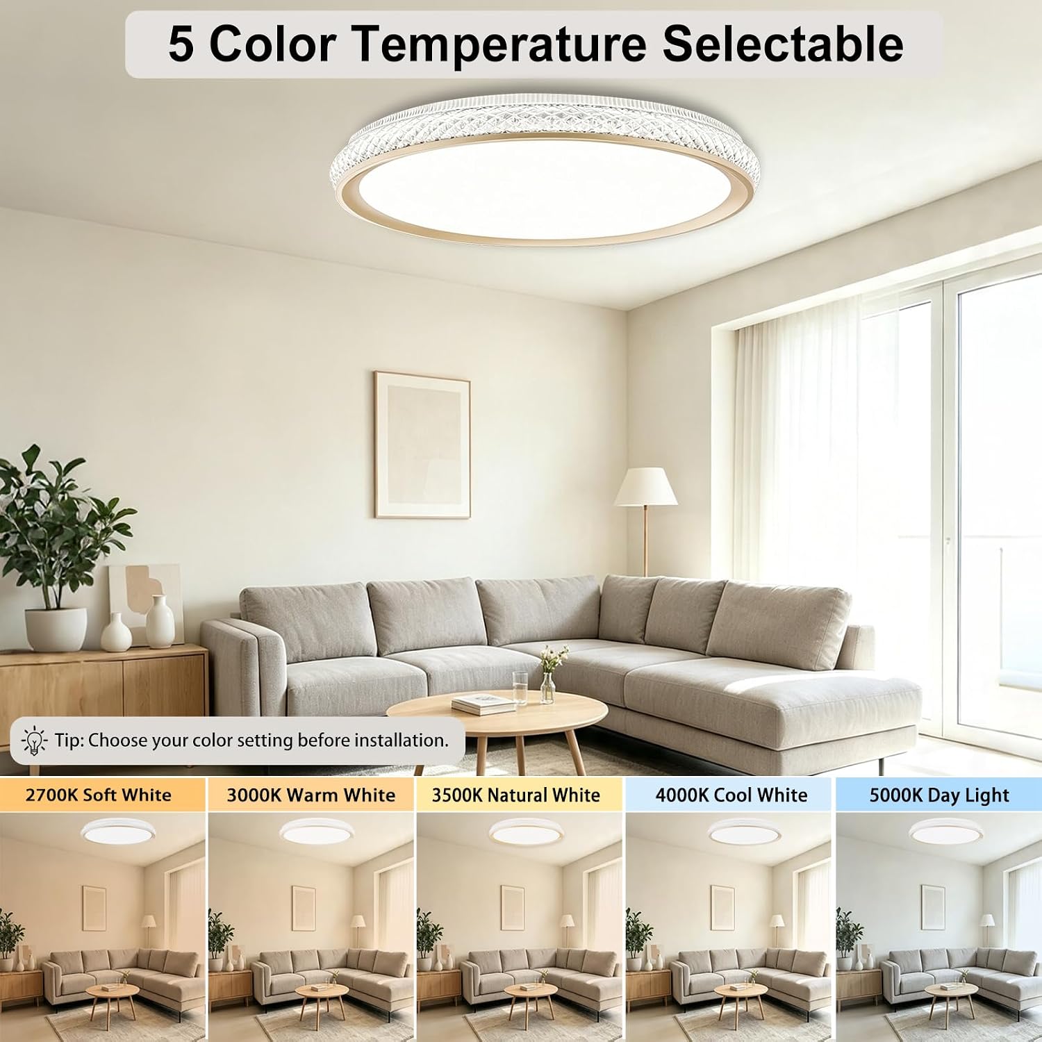 LED Flush Mount Ceiling Light, 38W 3800LM Dimmable, 15 in Low Profile, Gold | 2700K-5000K 5 Color Selectable, CRI 90+, Modern Round Close to Ceiling Light Fixtures for Kitchen Bedroom Bathroom Hallway