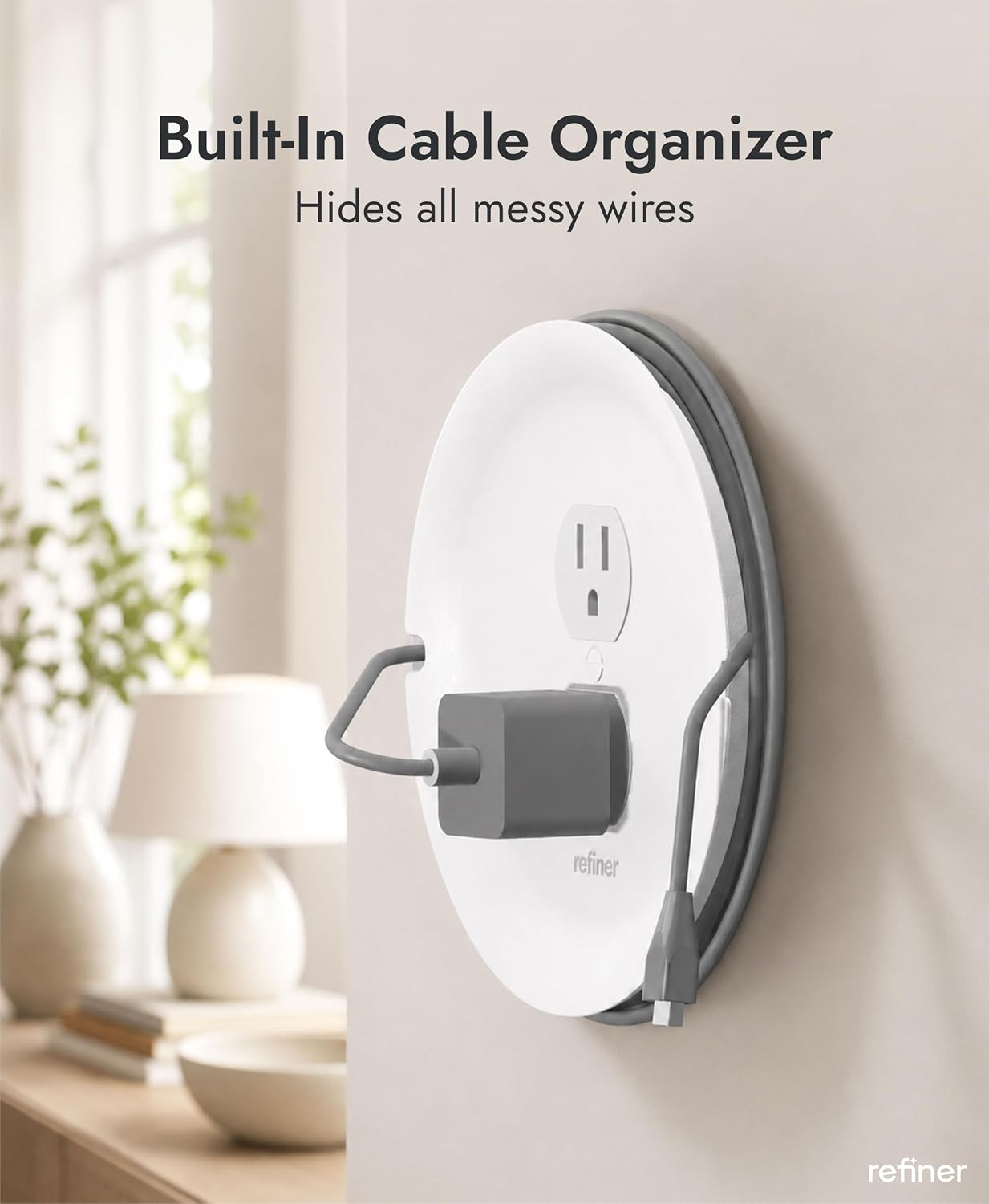 Refiner Cable Management Outlet Covers with Cord Hider Wall Plate, 2-Pack | Outlet Cover with Built-in Cable Storage Cavity | Cord Hider Conceals Messy Wires for Desk, Bedside, Kitchen Counter