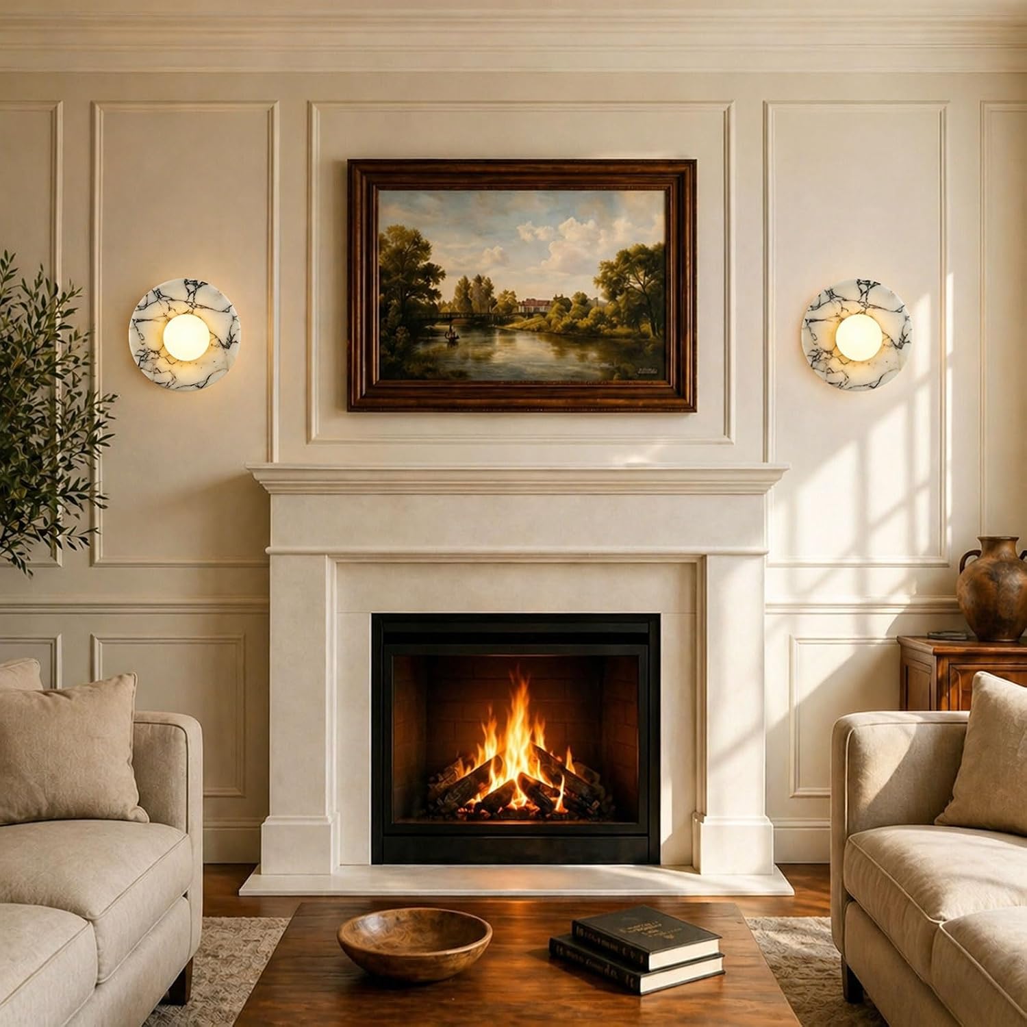 Natural Alabaster Wall Sconce Round Marble Sconce Bathroom Vanity Light | Modern Marble Stone Wall Mount Lamp with Glass Globe Hardwired Wall Light for Living Room Dining Room Stair Bedroom Hallway