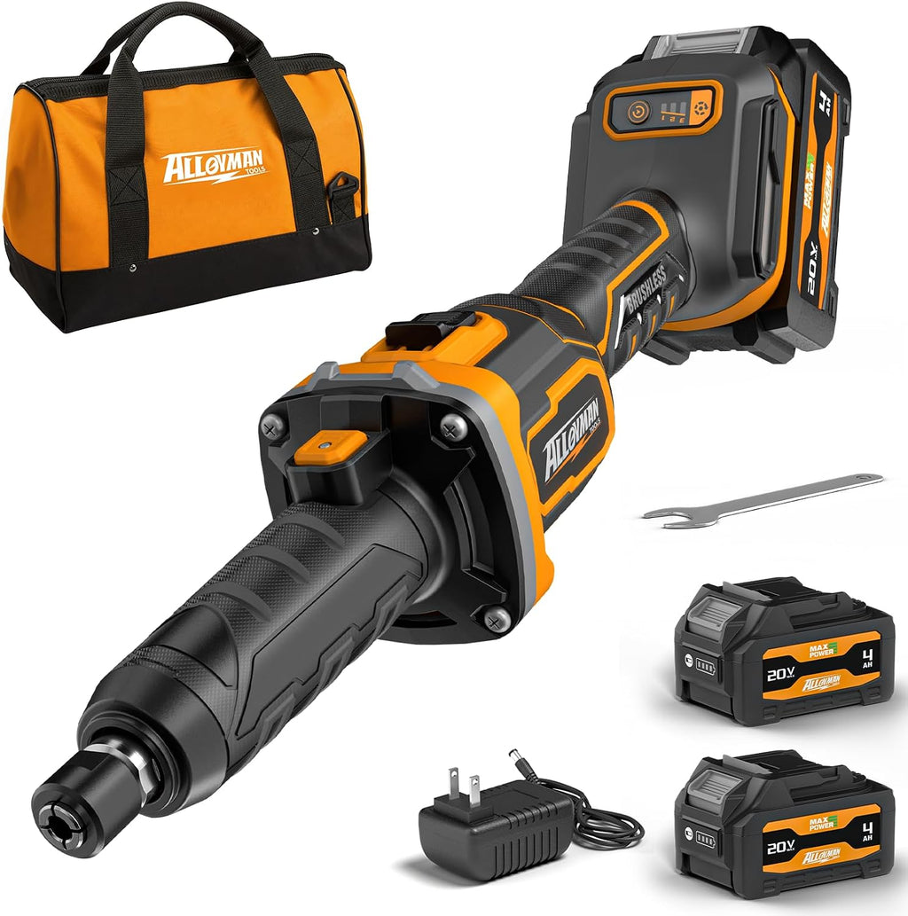 Alloyman 20V Cordless Die Grinder, 3-Speed 13000/19000/25000RPM Brushless Motor, 1/4" Collet, 2x4.0Ah Lithium Batteries & Fast Charger, for Metal/Wood/Plastic Grinding, Cutting, Polishing, Sanding