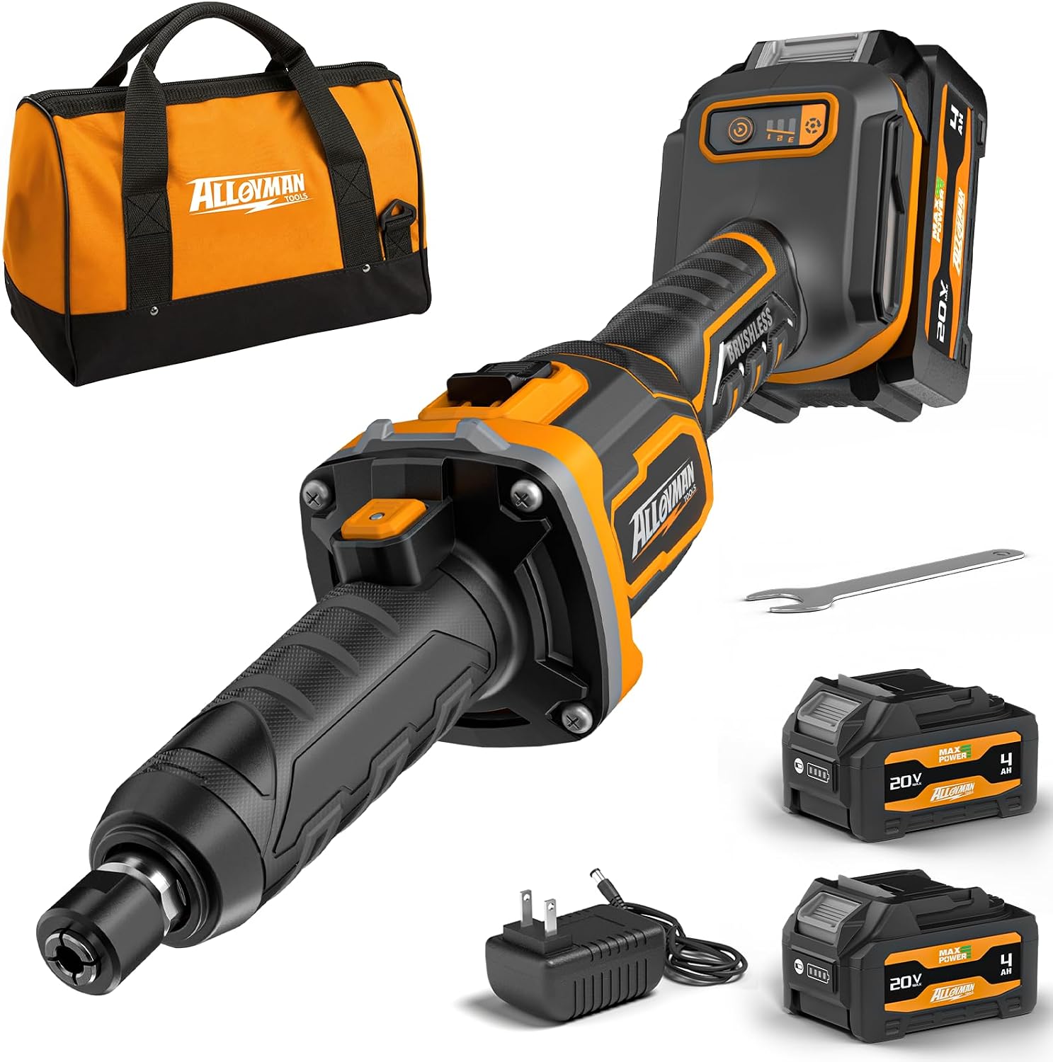 Alloyman 20V Cordless Die Grinder, 3-Speed 13000/19000/25000RPM Brushless Motor, 1/4" Collet, 2x4.0Ah Lithium Batteries & Fast Charger, for Metal/Wood/Plastic Grinding, Cutting, Polishing, Sanding