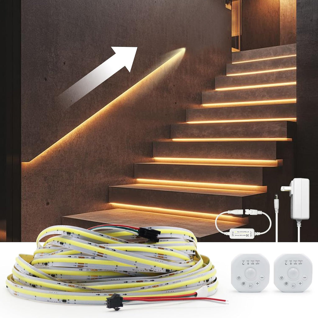 2 Motion Sensor Indoor COB LED Stair Light Strip with Timer & Scene Change Delay Button, Dual Sensor Handrail Stair Lights, Mini LED Controller for Hallway & Walkway (White-6500K, 32.8FT)