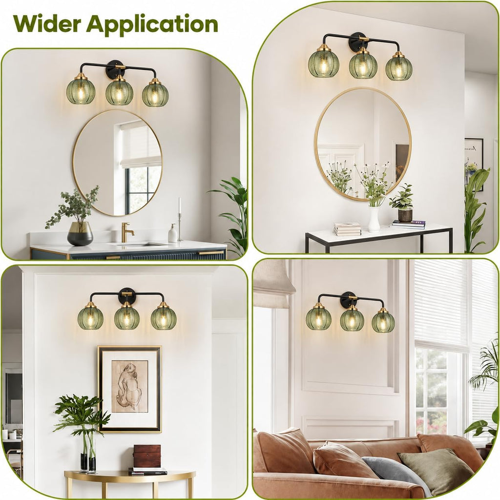 Modern Bathroom Vanity Light with Glass Shade | 3 Light Bathroom Vanity Light, Unique Leaf Texture Glass Shade, Matte Black and Glod, 23.5 Inches