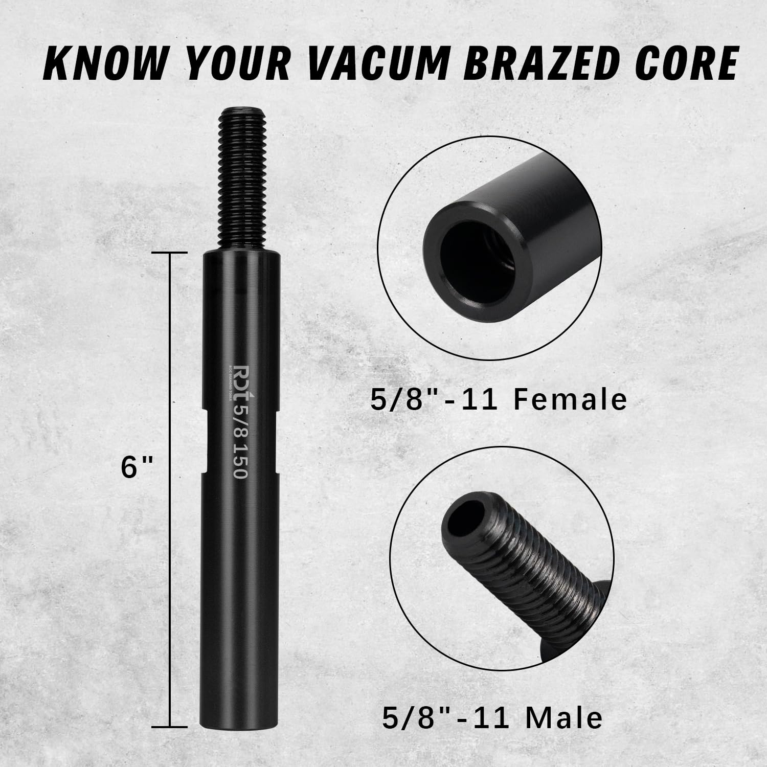 RDT 6" Core Drill Bit Extension Shaft 5/8"-11 Thread Adapter, Durable Heat-Treated Steel for Diamond Core Drill Bits On Concrete, Masonry, Stone (Round)