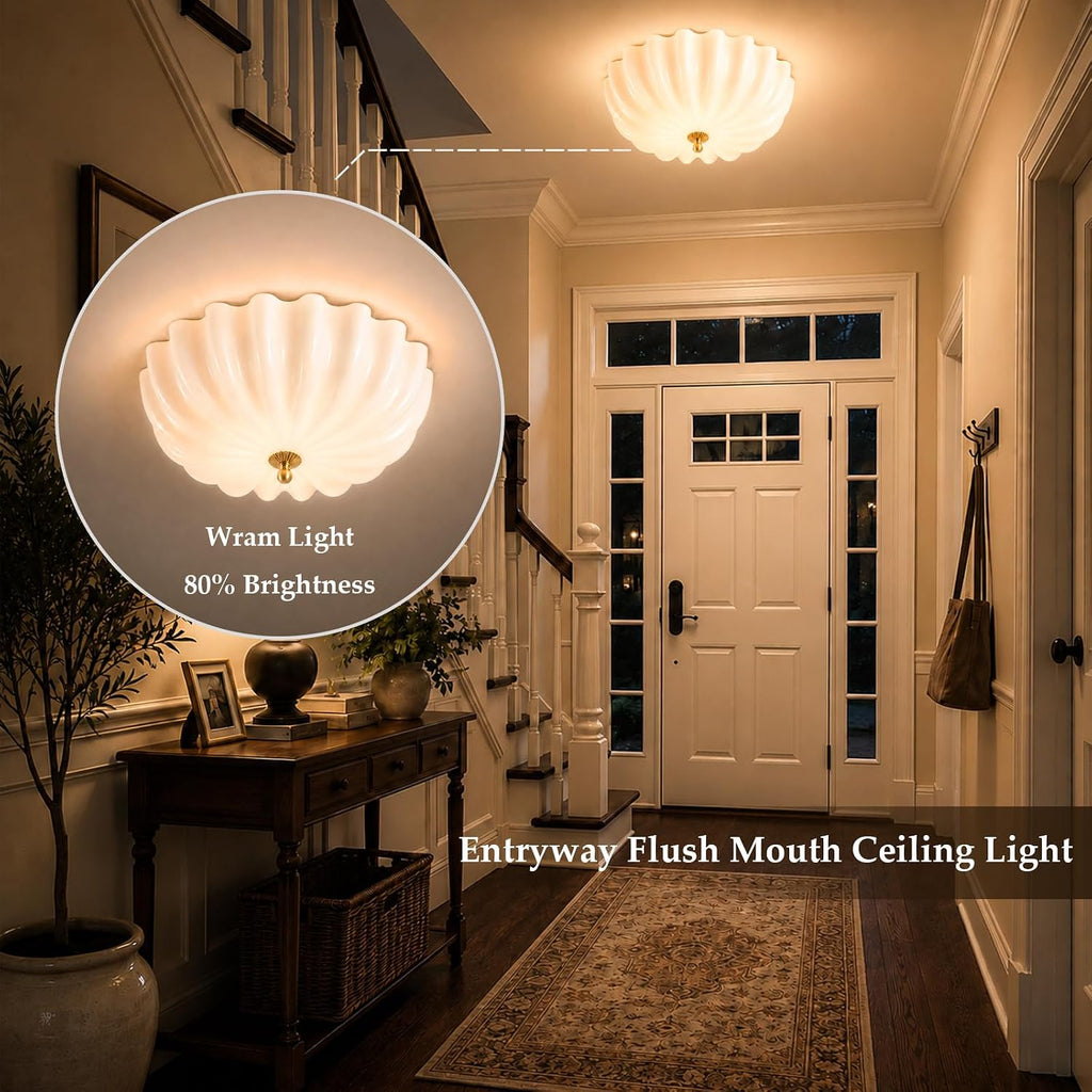 Gold Flush Mount Ceiling Light - 16″ Dimmable LED Milk Glass Light Fixture | Handcrafted Opal Glass and Solid Brass Light with Remote Control - A Luxury Choice for Bedroom Hallway Schoolhouse and Foyer