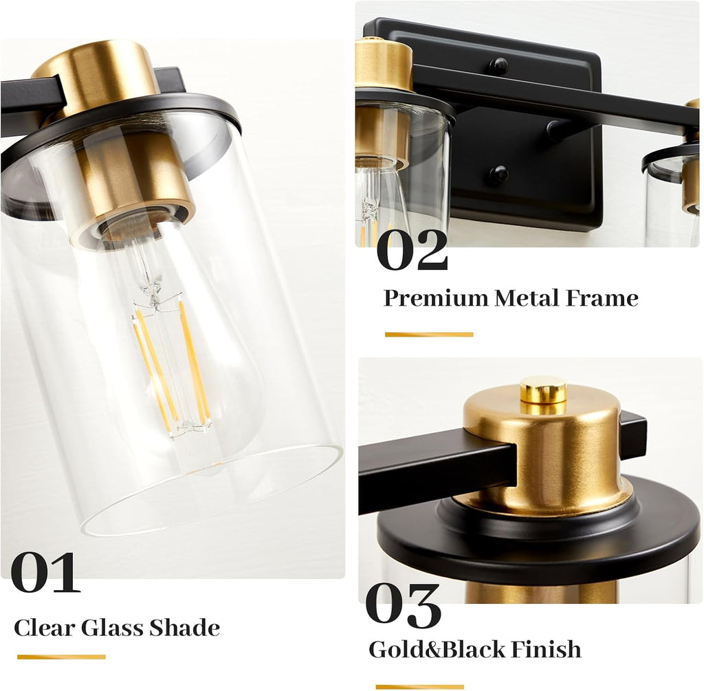 Bathroom Light Fixtures, 2-Light Black and Gold Vanity Lights for Bathroom | Bathroom Vanity Light with Clear Glass Shade, Modern Bathroom Lighting Fixtures Over Mirror for Bedroom Hallway Living Room