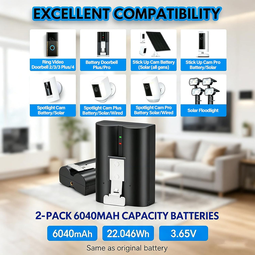 2-Pack Ring Battery 6040mAh Replacement Li-ion Ring Camera Battery with Charger for Ring-Video Doorbell 2/3/4/3Plus, Stick Up Cam, Spotlight Cam, Spotlight Cam 3.65V