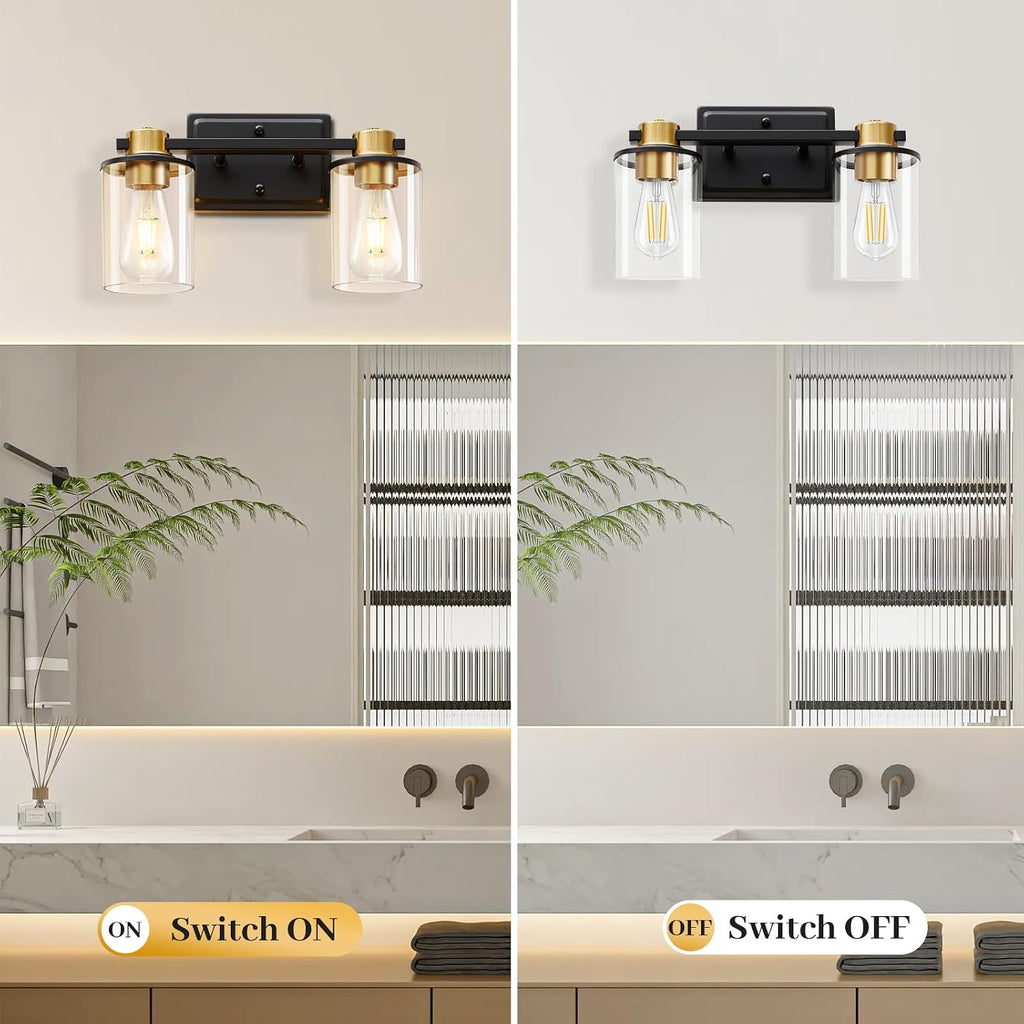 Bathroom Light Fixtures, 2-Light Black and Gold Vanity Lights for Bathroom | Bathroom Vanity Light with Clear Glass Shade, Modern Bathroom Lighting Fixtures Over Mirror for Bedroom Hallway Living Room