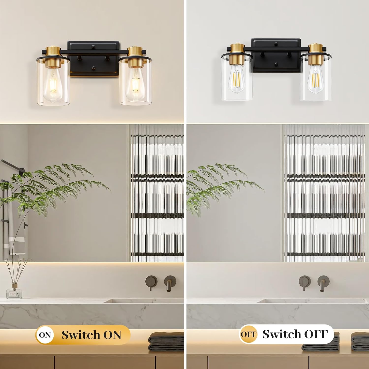 Bathroom Light Fixtures, 2-Light Black and Gold Vanity Lights for Bathroom | Bathroom Vanity Light with Clear Glass Shade, Modern Bathroom Lighting Fixtures Over Mirror for Bedroom Hallway Living Room