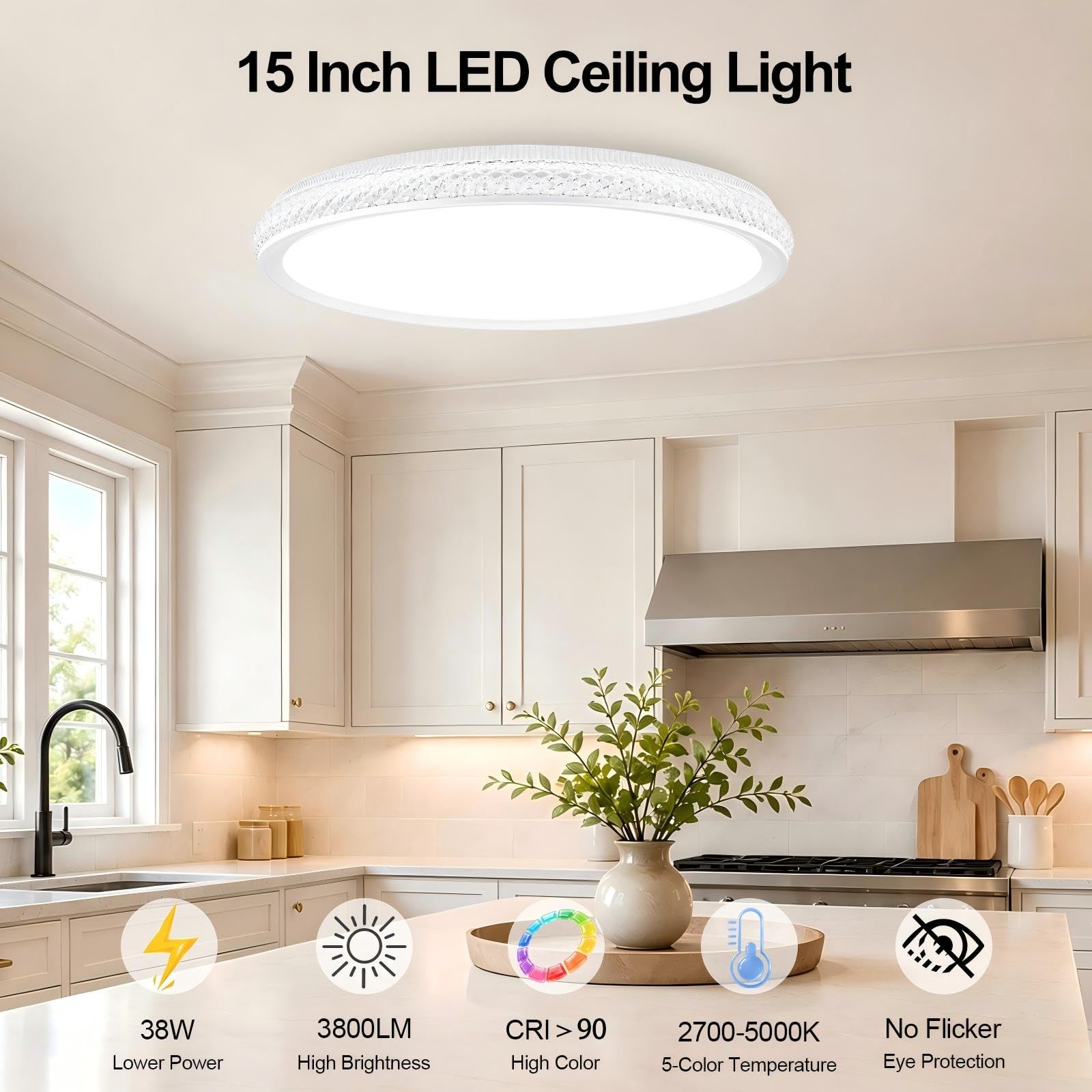 LED Flush Mount Ceiling Light, 38W 3800LM Dimmable, 15 in Low Profile, Gold | 2700K-5000K 5 Color Selectable, CRI 90+, Modern Round Close to Ceiling Light Fixtures for Kitchen Bedroom Bathroom Hallway