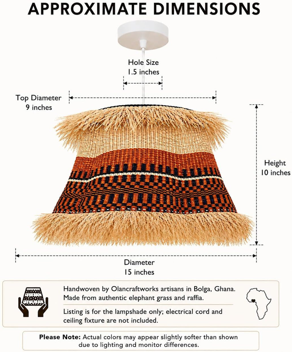Boho Woven Pendant Light Shade Replacement - 15in Basket Ceiling Lampshade | Handmade Elephant Grass Shade Only with Raffia Fringe