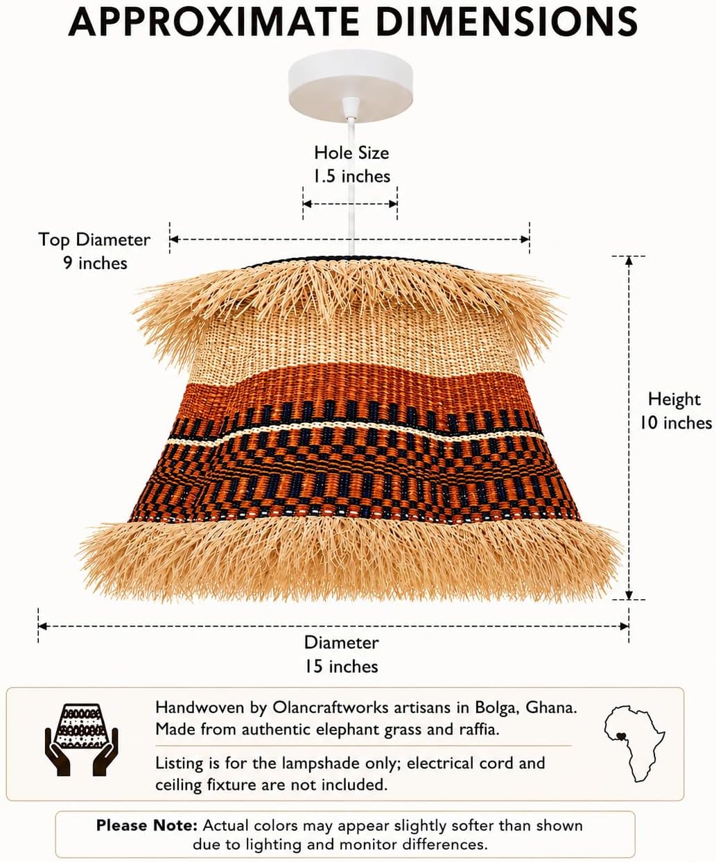Boho Woven Pendant Light Shade Replacement - 15in Basket Ceiling Lampshade | Handmade Elephant Grass Shade Only with Raffia Fringe