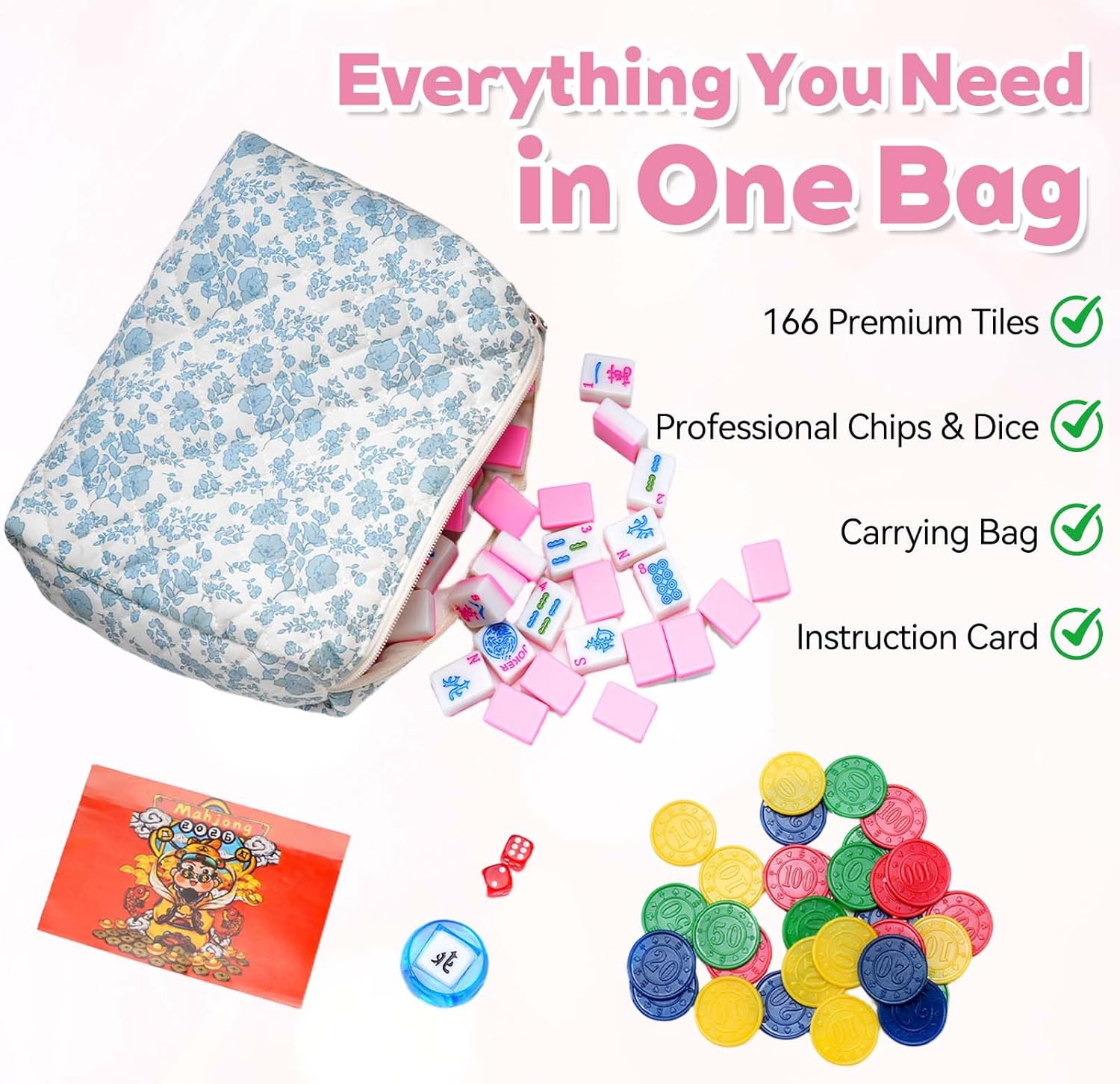 Mahjong Tile Set with 166 Premium Mahjong Tiles, Complete Set with Carrying Bag for Family Game Nights and Friendly Competition