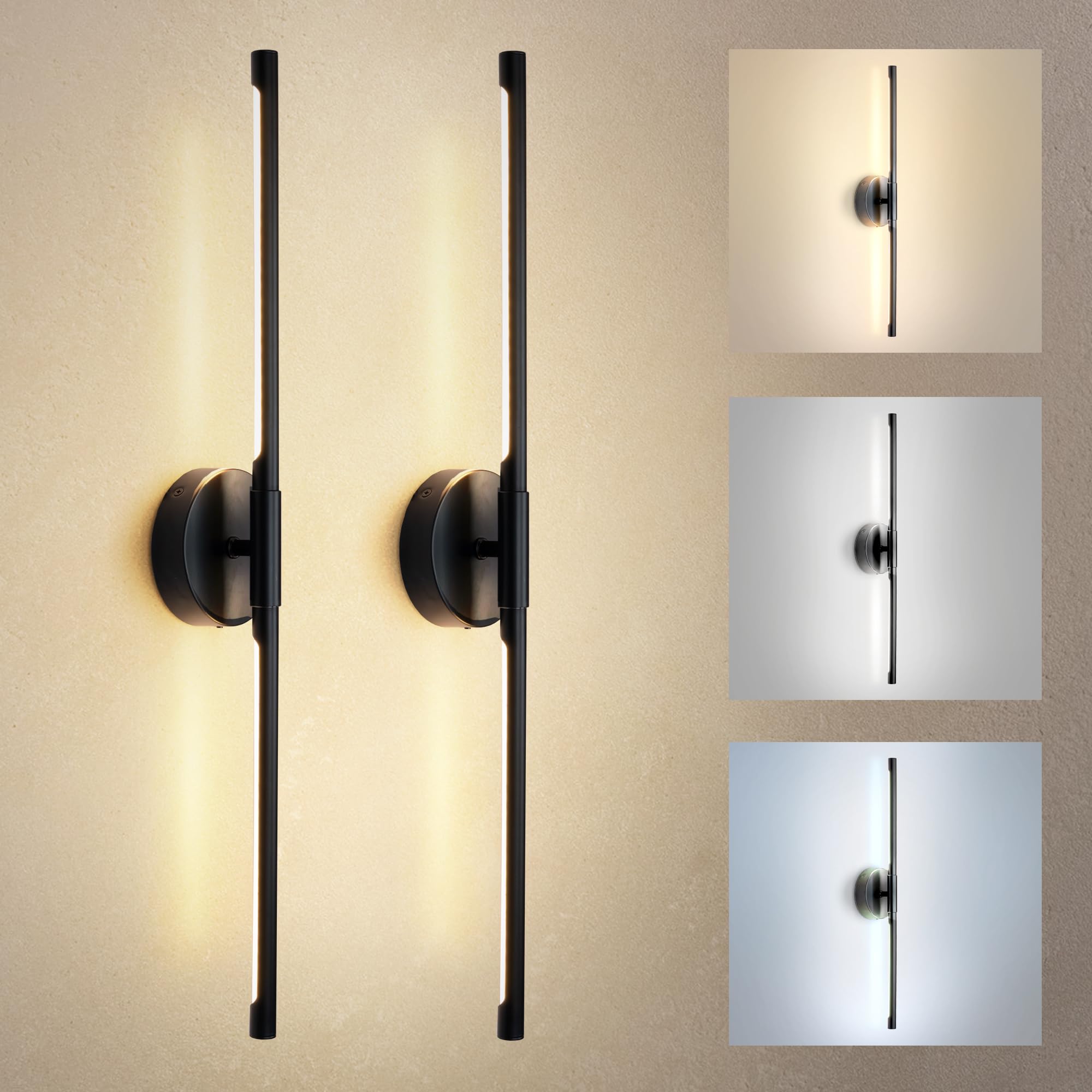 ASD LED 24" Linear Tube Wall Sconce, Modern Bathroom Light Bar | 3CCT, 360° Rotatable, Dimmable, ETL Listed | 8W 420LM 3000-5000K 100-277V | Bedroom, Hallway Vanity Lighting | Black