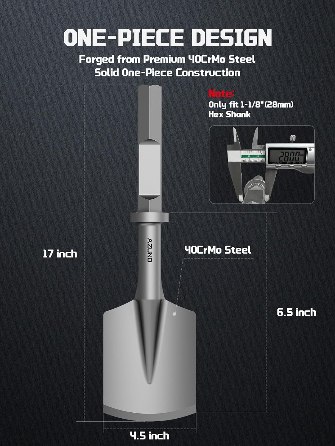 HEX Shank Clay Spade Bit, 4-1/2" x 17" Heavy-Duty Steel Shovel Bit for 1-1/8"(28mm) Demolition Jack Hammer, for Digging in Clay, Soil, Gravel, Sandstone, Adobe