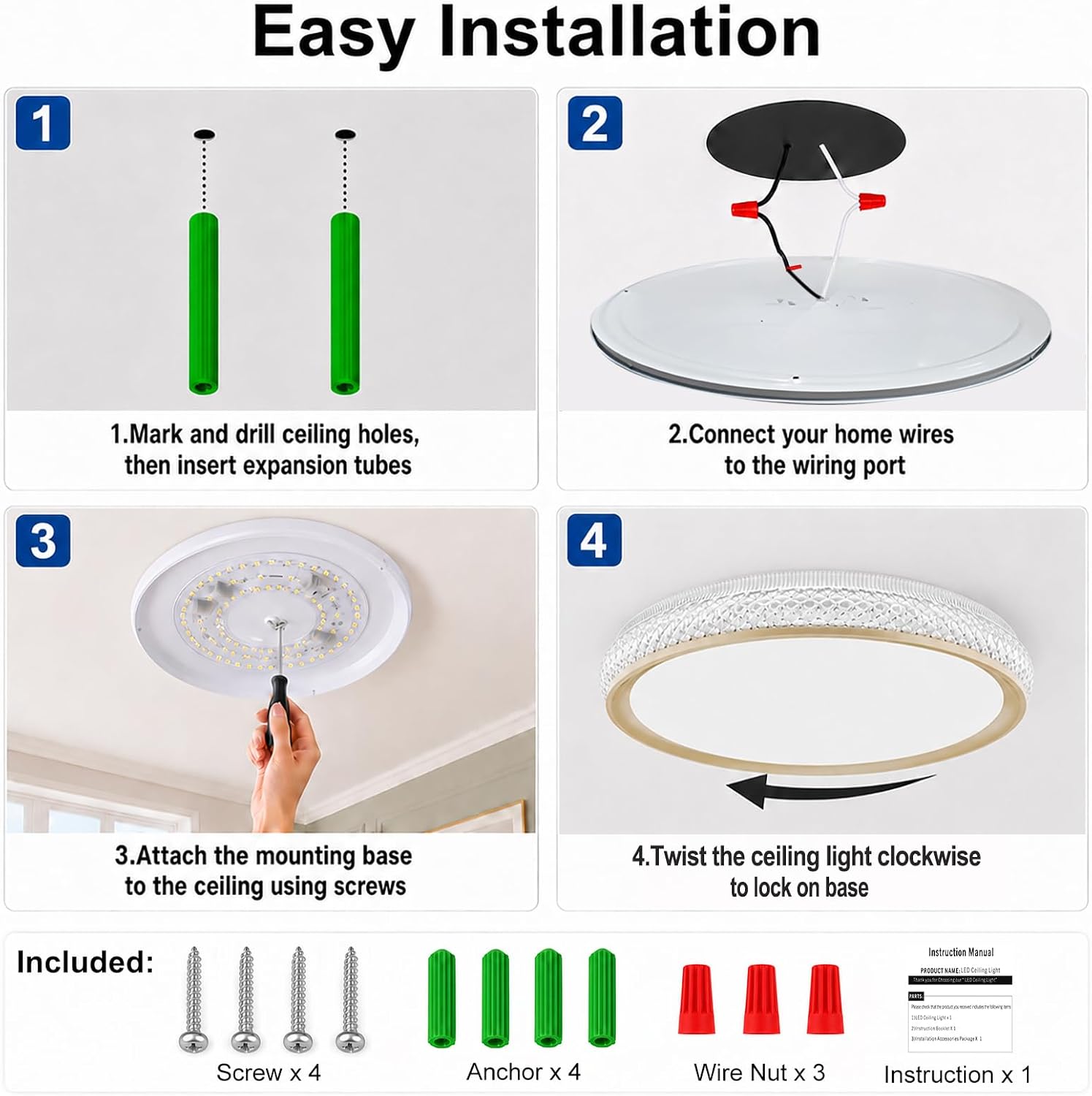 LED Flush Mount Ceiling Light, 38W 3800LM Dimmable, 15 in Low Profile, Gold | 2700K-5000K 5 Color Selectable, CRI 90+, Modern Round Close to Ceiling Light Fixtures for Kitchen Bedroom Bathroom Hallway