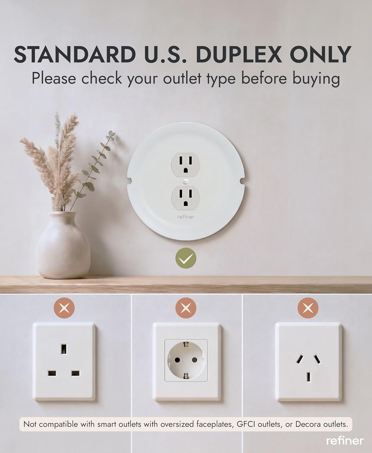 Refiner Cable Management Outlet Covers with Cord Hider Wall Plate, 2-Pack | Outlet Cover with Built-in Cable Storage Cavity | Cord Hider Conceals Messy Wires for Desk, Bedside, Kitchen Counter