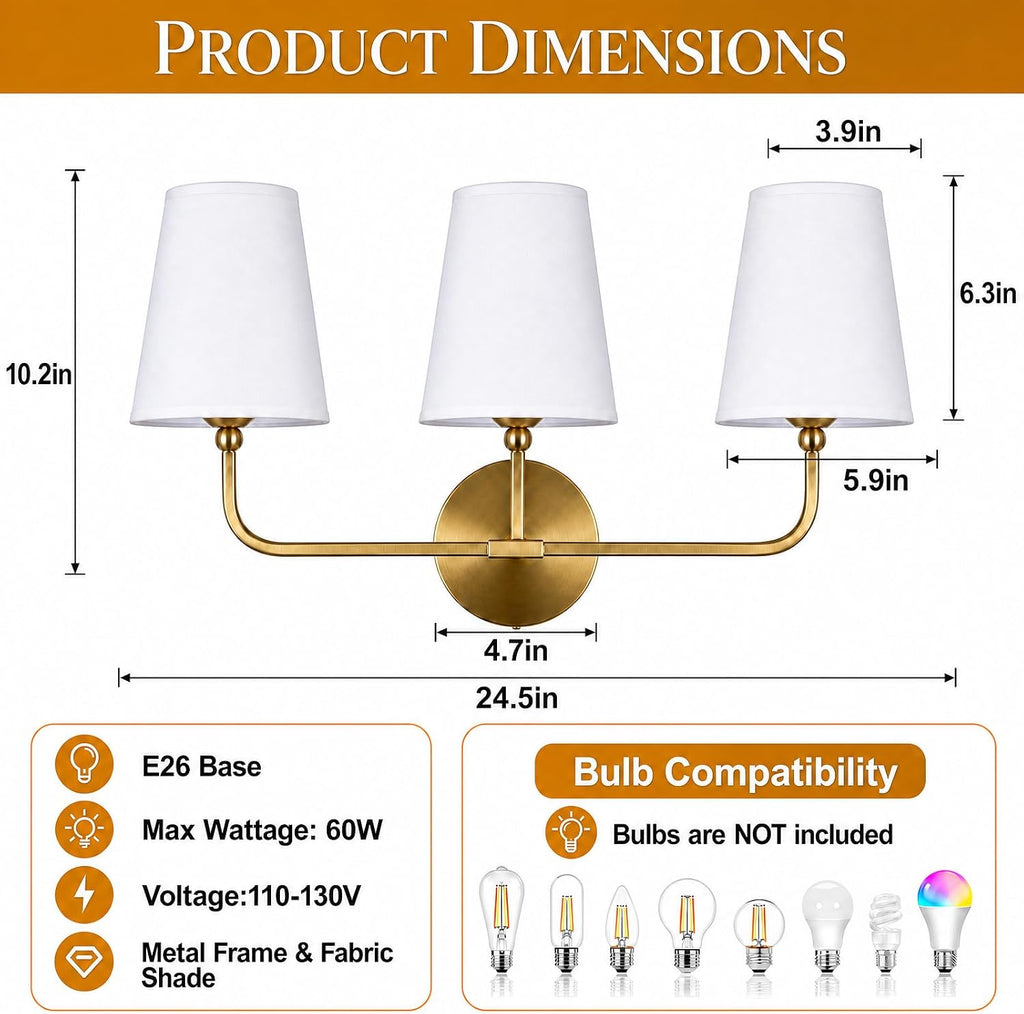 Bathroom Light Fixtures,3-Light Brushed Gold Vanity Lights,Lighting Fixtures Over Mirror with White Flared Fabric Shade,Modern Wall Sconce for Bathroom,Bedroom,Living Room,E26 Socket