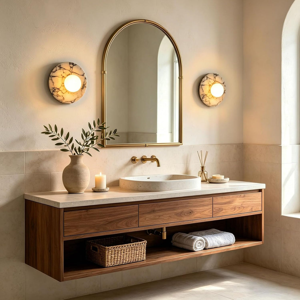 Natural Alabaster Wall Sconce Round Marble Sconce Bathroom Vanity Light | Modern Marble Stone Wall Mount Lamp with Glass Globe Hardwired Wall Light for Living Room Dining Room Stair Bedroom Hallway