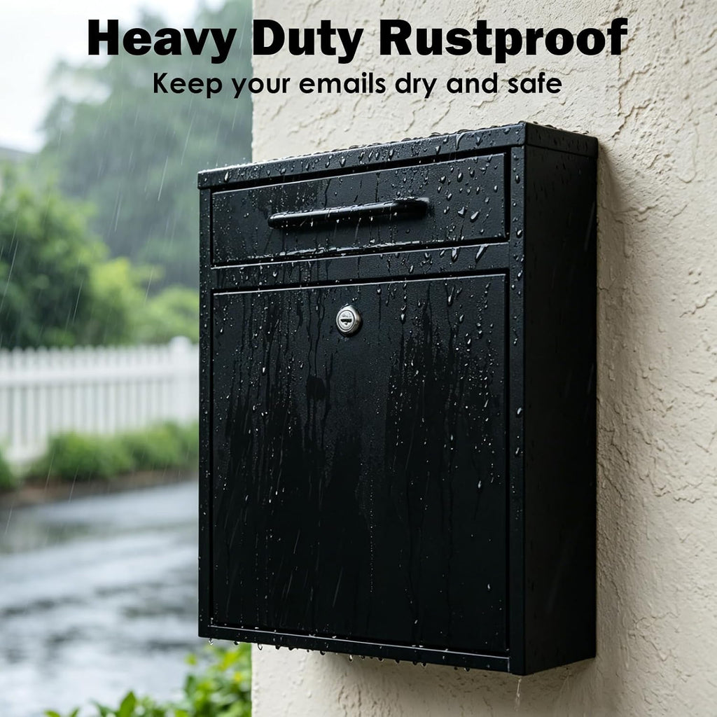 Wall Mount Mailbox for Outside, 16 Inch Drop Box Anti-Theft Heavy Duty Locking Mailbox with 2 Keys for Houses & Apartment, 11.4 x 4.7 x 16 Inches, Black