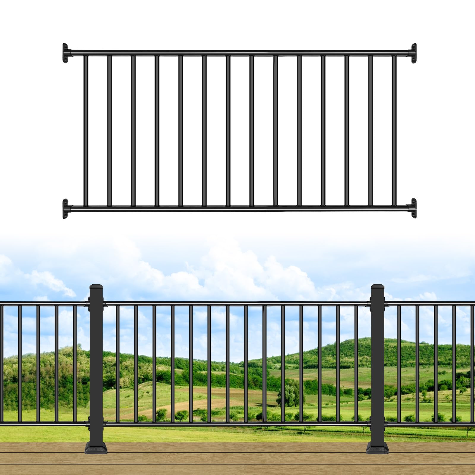 38in H x 3ft W Aluminum Deck Railing with a Matte Black Powder-Coated Finish, Suitable for Outdoor Railing kit on porches and patios,1 Panel