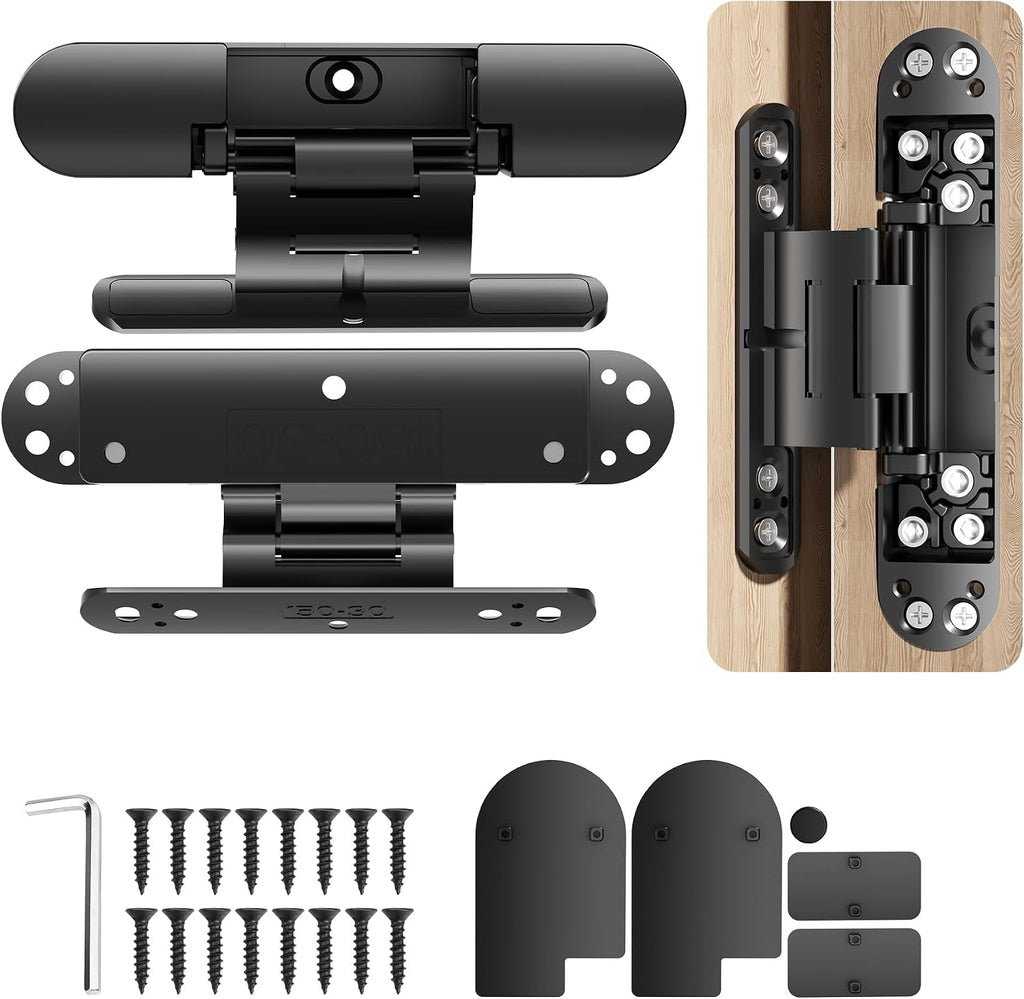 6 Inch Hidden Door Hinge Heavy Duty 3 Way Adjustable Invisible Hinges | 2pack Black 120 Degree Swing Zinc Alloy Silent Butt Concealed Hinge for Secret Room Bookcase Bookshelf Wood Door