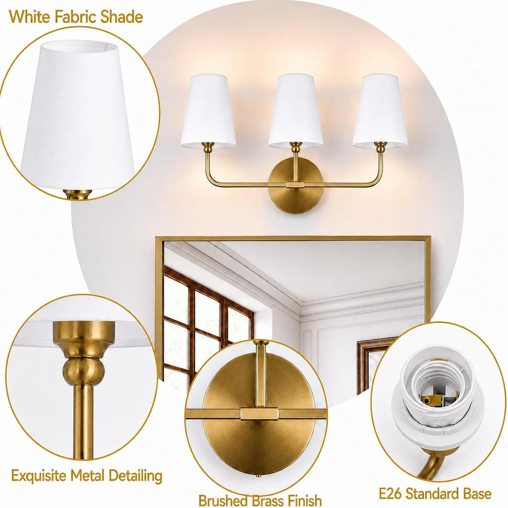 Bathroom Light Fixtures,3-Light Brushed Gold Vanity Lights,Lighting Fixtures Over Mirror with White Flared Fabric Shade,Modern Wall Sconce for Bathroom,Bedroom,Living Room,E26 Socket