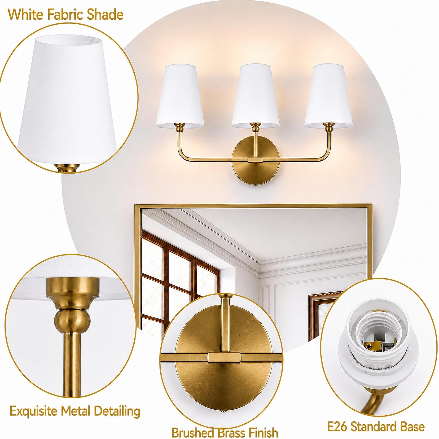Bathroom Light Fixtures,3-Light Brushed Gold Vanity Lights,Lighting Fixtures Over Mirror with White Flared Fabric Shade,Modern Wall Sconce for Bathroom,Bedroom,Living Room,E26 Socket