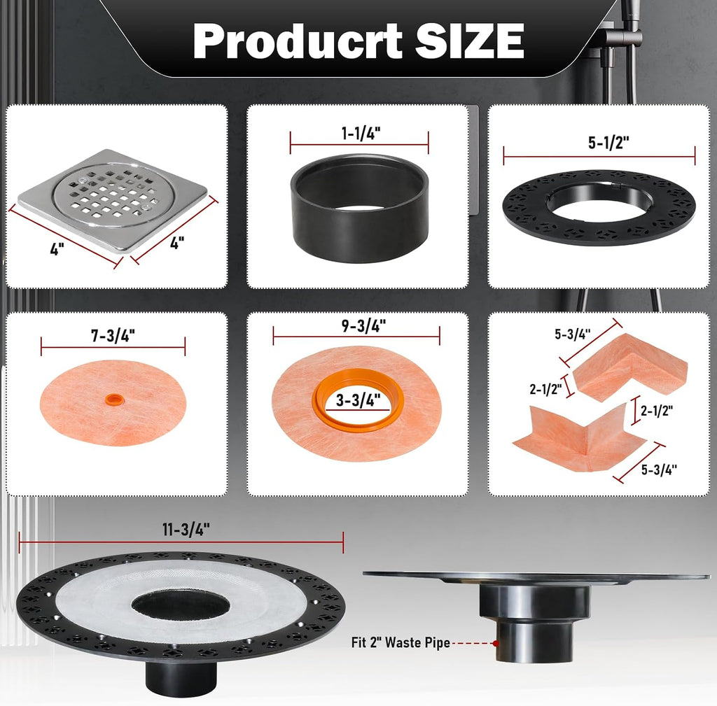 Shower Drain Kit 2 Inch Integrated Shower Flange Kit | Compatible with Schluter Kerdi Drain Systems, ABS Shower Drain Base Flange,304 Stainless Steel 4'' Drain Grate