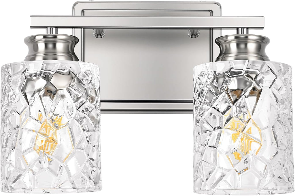 2-Light Brushed Nickel Bathroom Light Fixture | Geometric Crackled Glass Farmhouse Bathroom Lighting for Living Room Bedroom Sink Over Mirror