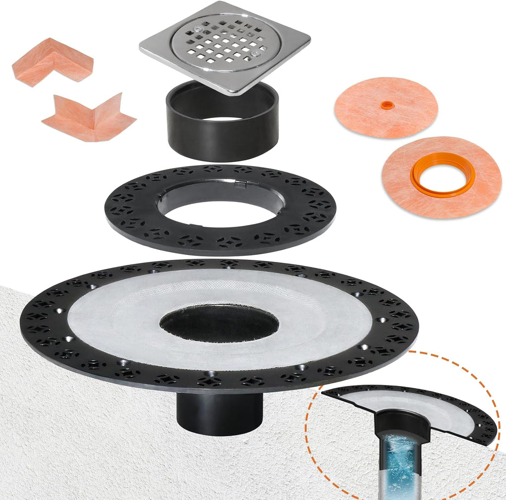 Shower Drain Kit 2 Inch Integrated Shower Flange Kit | Compatible with Schluter Kerdi Drain Systems, ABS Shower Drain Base Flange,304 Stainless Steel 4'' Drain Grate