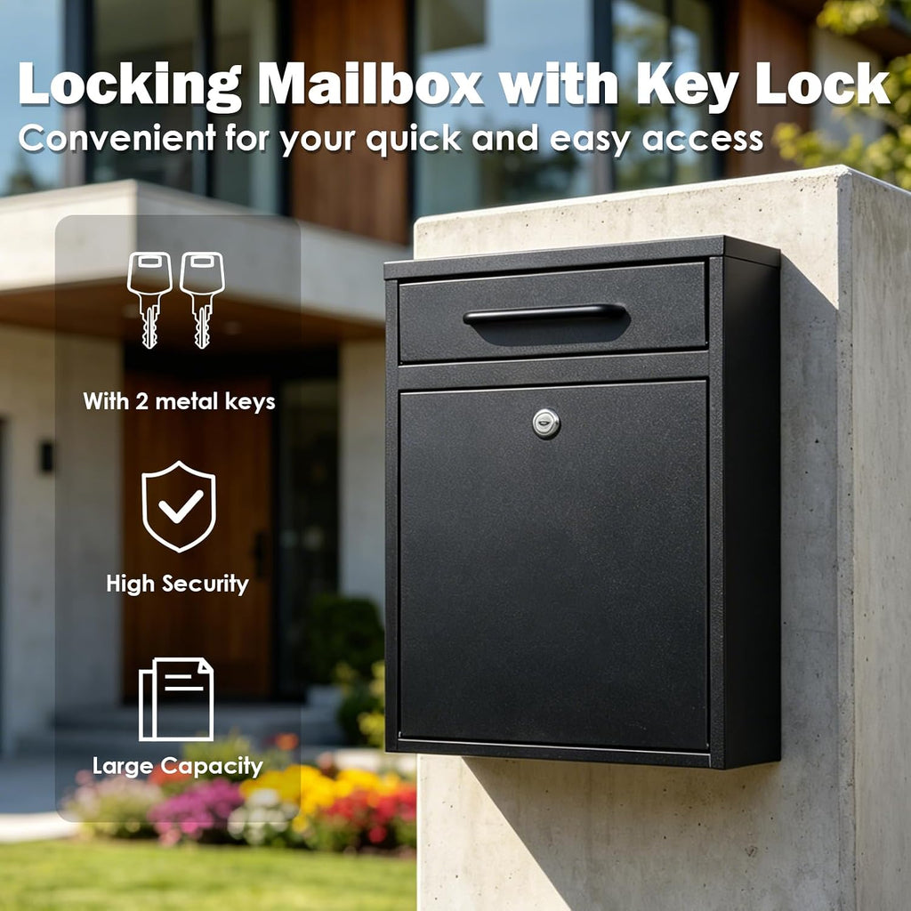 Wall Mount Mailbox for Outside, 16 Inch Drop Box Anti-Theft Heavy Duty Locking Mailbox with 2 Keys for Houses & Apartment, 11.4 x 4.7 x 16 Inches, Black