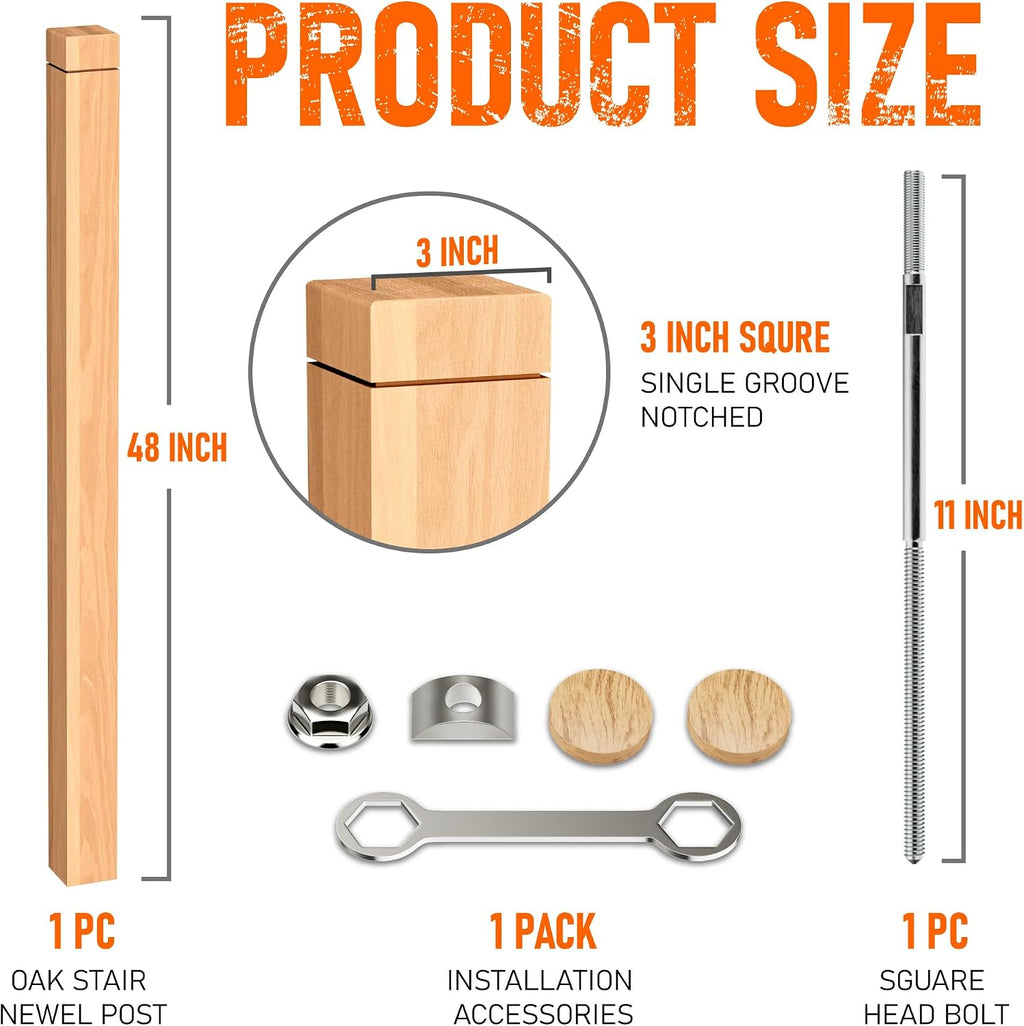 Stair Newel Post Kit 3"x3"x48" with Hardware & 2 Wood Plugs for a Hidden | Solid Red Oak Grooved Square Design, Indoor Installation Newel Wood Balusters for Staircase Railing Stair Handrails 1PC