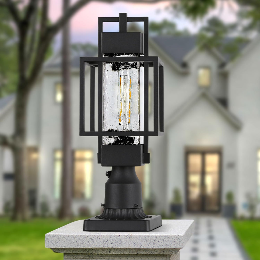 18" H Dusk to Dawn Outdoor Post Light Fixture Hardwired 120V, Waterproof Aluminum Pole Light with Pier Mount Base, Matte Black Exterior Lamp Post Lantern with Water Glass for Garden Yard Patio Path
