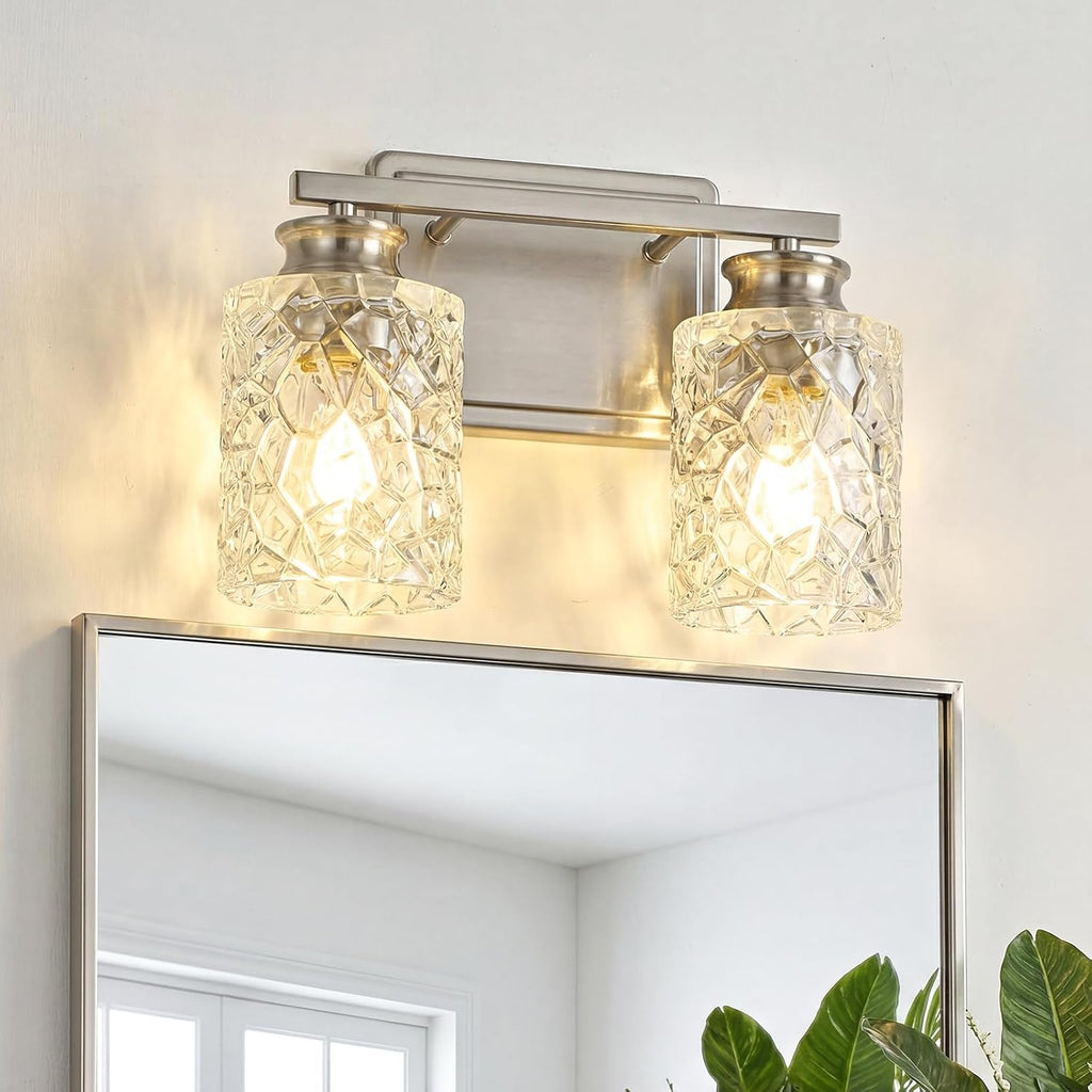 2-Light Brushed Nickel Bathroom Light Fixture | Geometric Crackled Glass Farmhouse Bathroom Lighting for Living Room Bedroom Sink Over Mirror