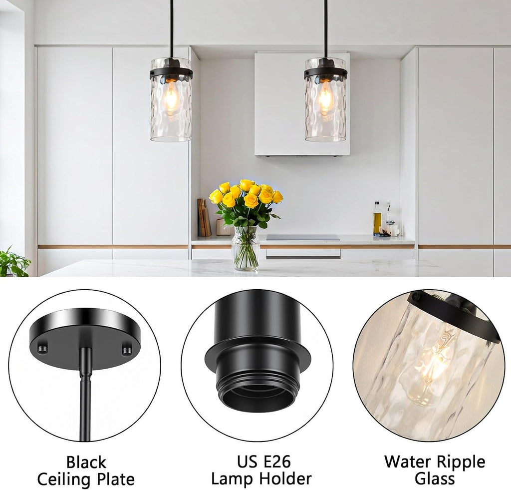 Refice Pendant Lights Kitchen Island, Black Hanging Lighting with Hammered Glass, Modern Mini Pendant Light Fixture for Dining Room Bedroom, 1 Pack