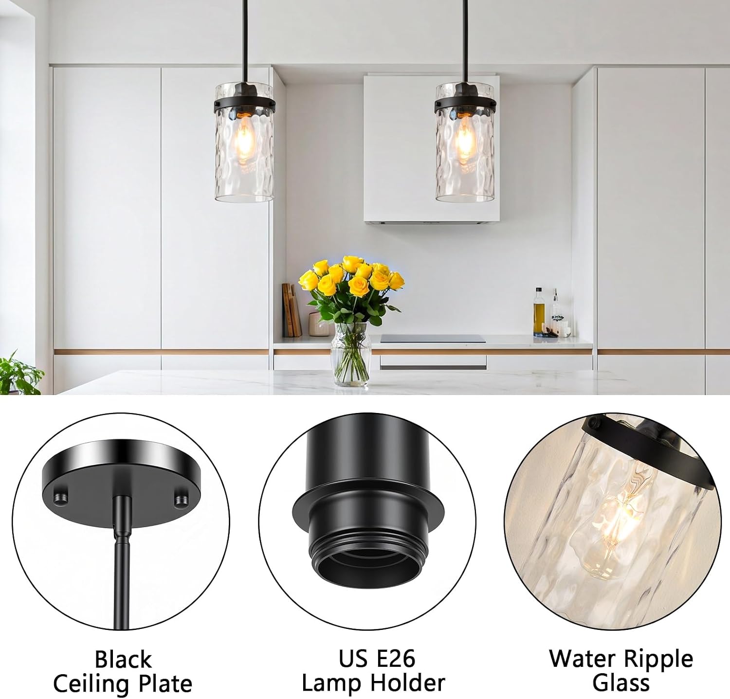 Refice Pendant Lights Kitchen Island, Black Hanging Lighting with Hammered Glass, Modern Mini Pendant Light Fixture for Dining Room Bedroom, 1 Pack
