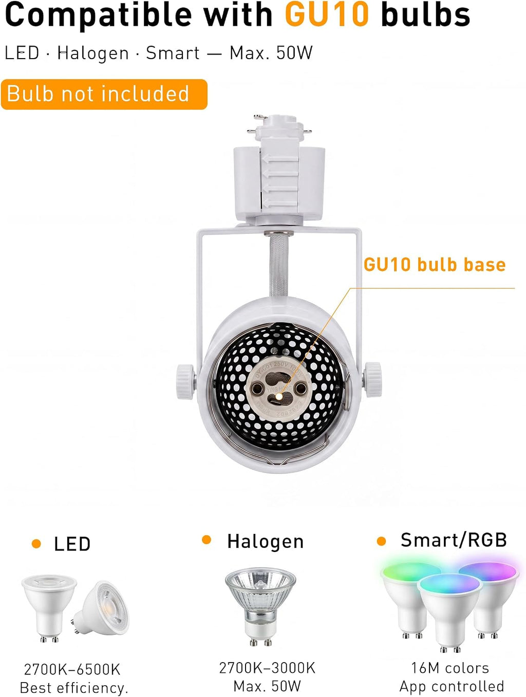 [6 Pack] CLOUDY BAY H Type Track Lighting Heads to Gu10 Base Socket Light Direction Adjustable,Round,White