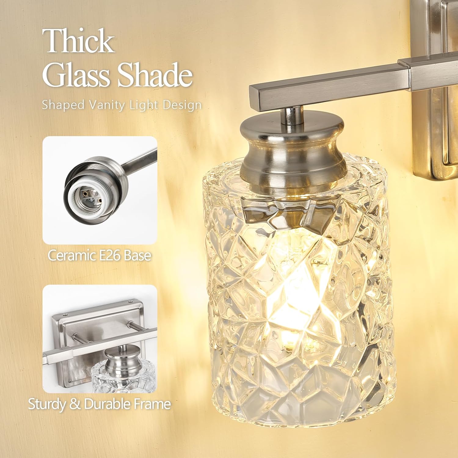 2-Light Brushed Nickel Bathroom Light Fixture | Geometric Crackled Glass Farmhouse Bathroom Lighting for Living Room Bedroom Sink Over Mirror