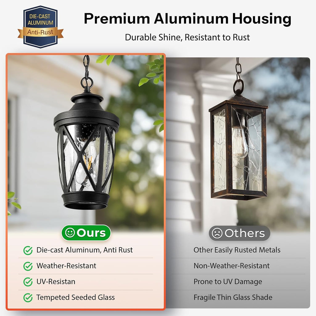 VIANIS Outdoor Hanging Lights, Black Outside Pendant Light with Adjustable Chain, Anti-rust Front Porch Ceiling Light, Waterproof Hanging Light Fixtures, Outdoor Chandelier for Gazebo, Patio, Entryway