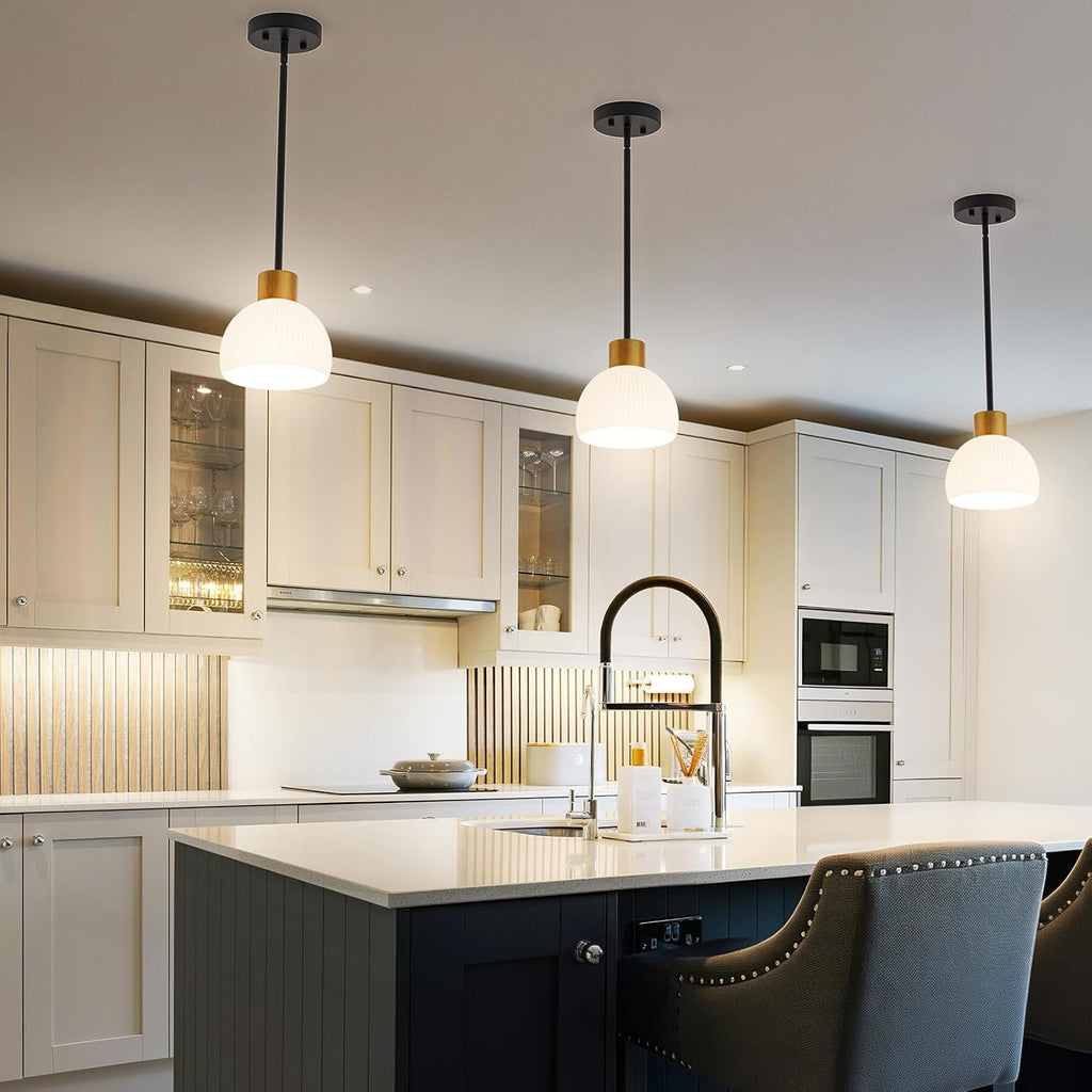 Pendant Lights Kitchen Island, Modern Gold Hanging Light Fixture with Glass Shade, Hardwired Adjustable Metal Rod for Dining Room, Entryway (1, Black)