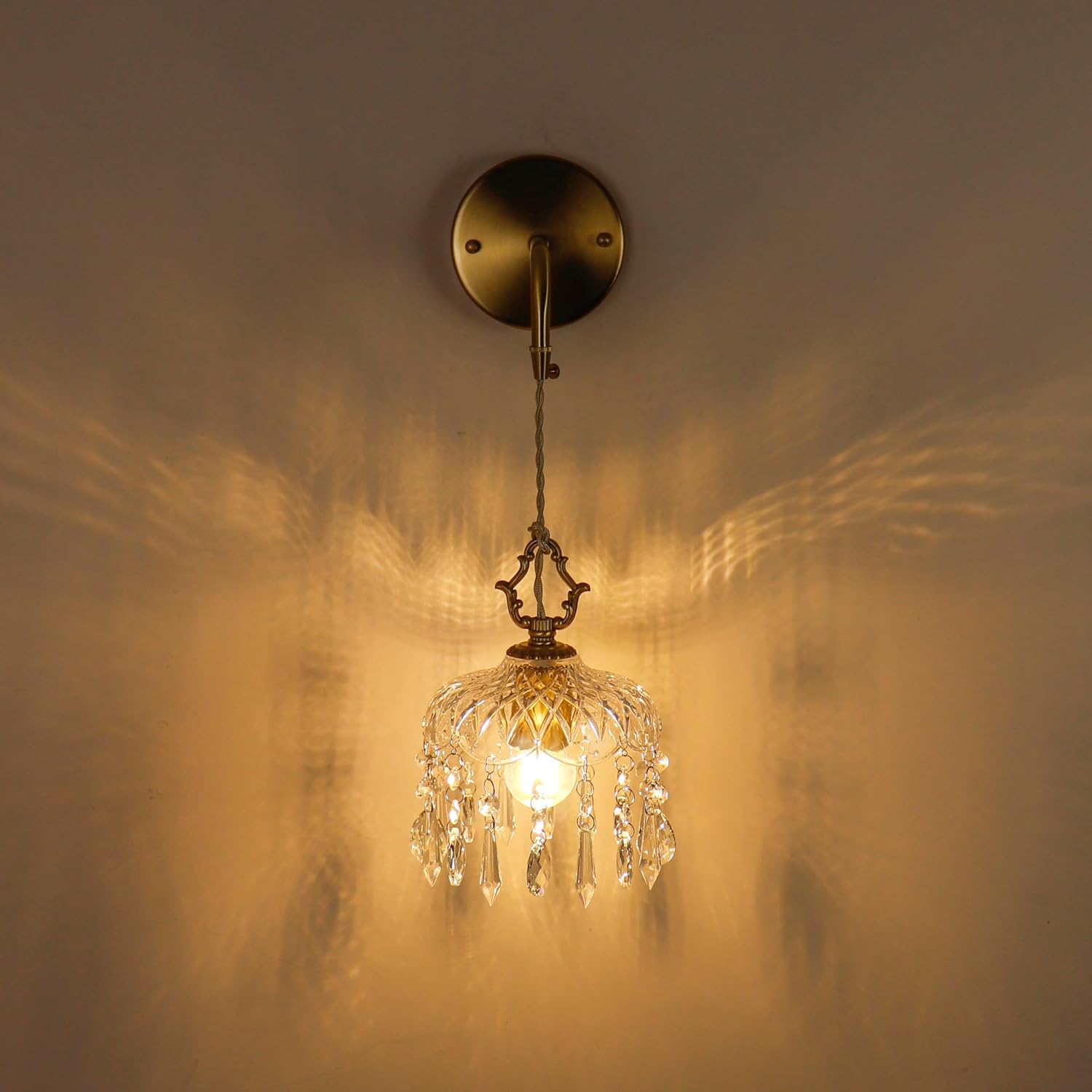 Vintage Crystal Wall Sconce, Brass Finish Pendant Light Fixture with Hanging Crystals, Elegant Diamond Cut Glass Shade (1, S)